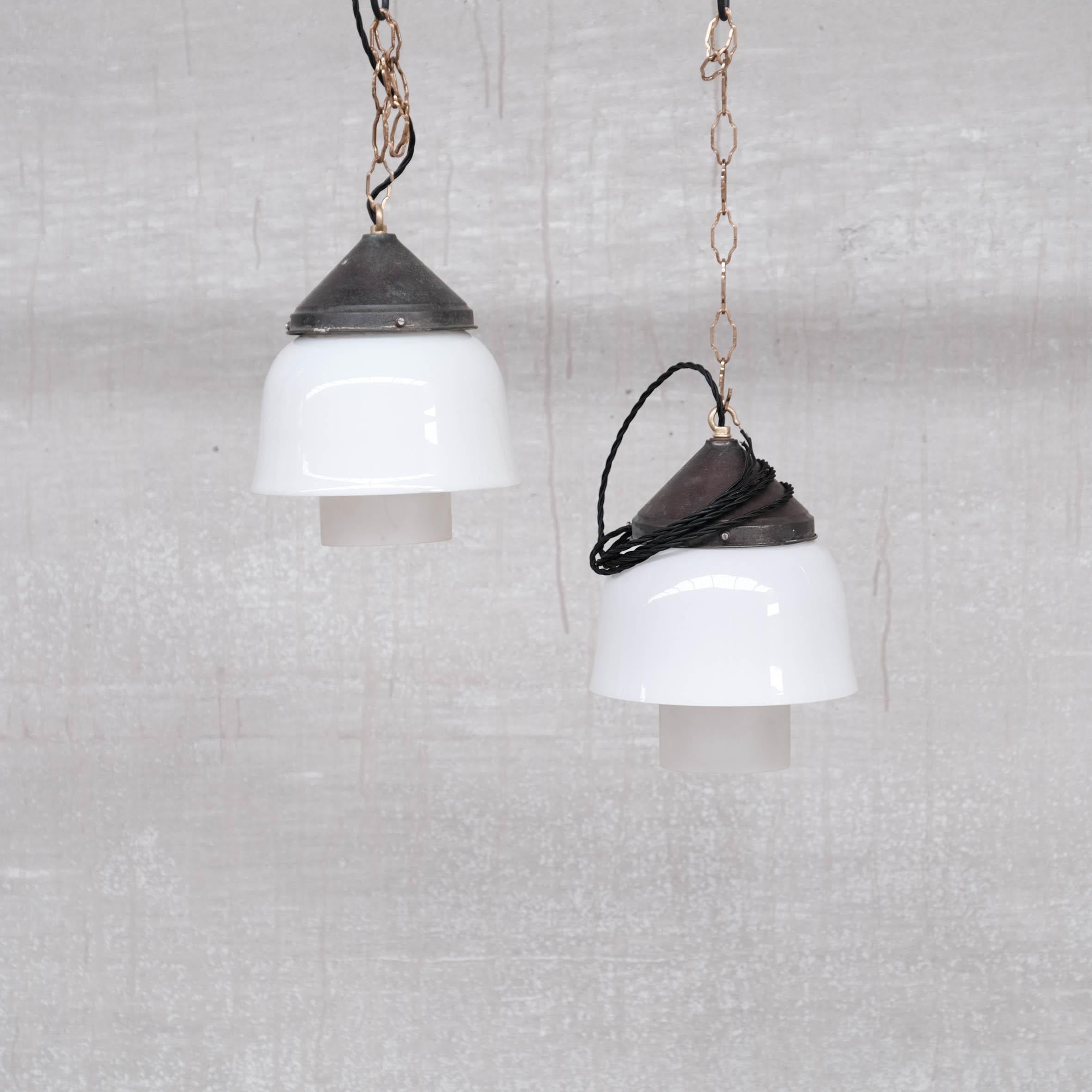 Pair of Two Tone Opaline Glass Mid-Century French Pendant Lights 3