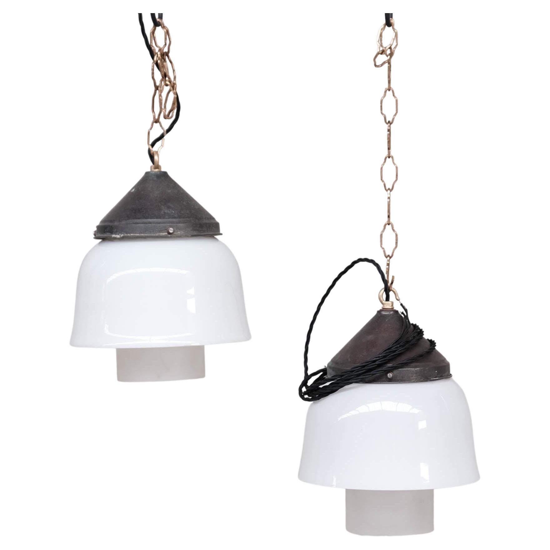 Pair of Two Tone Opaline Glass Mid-Century French Pendant Lights
