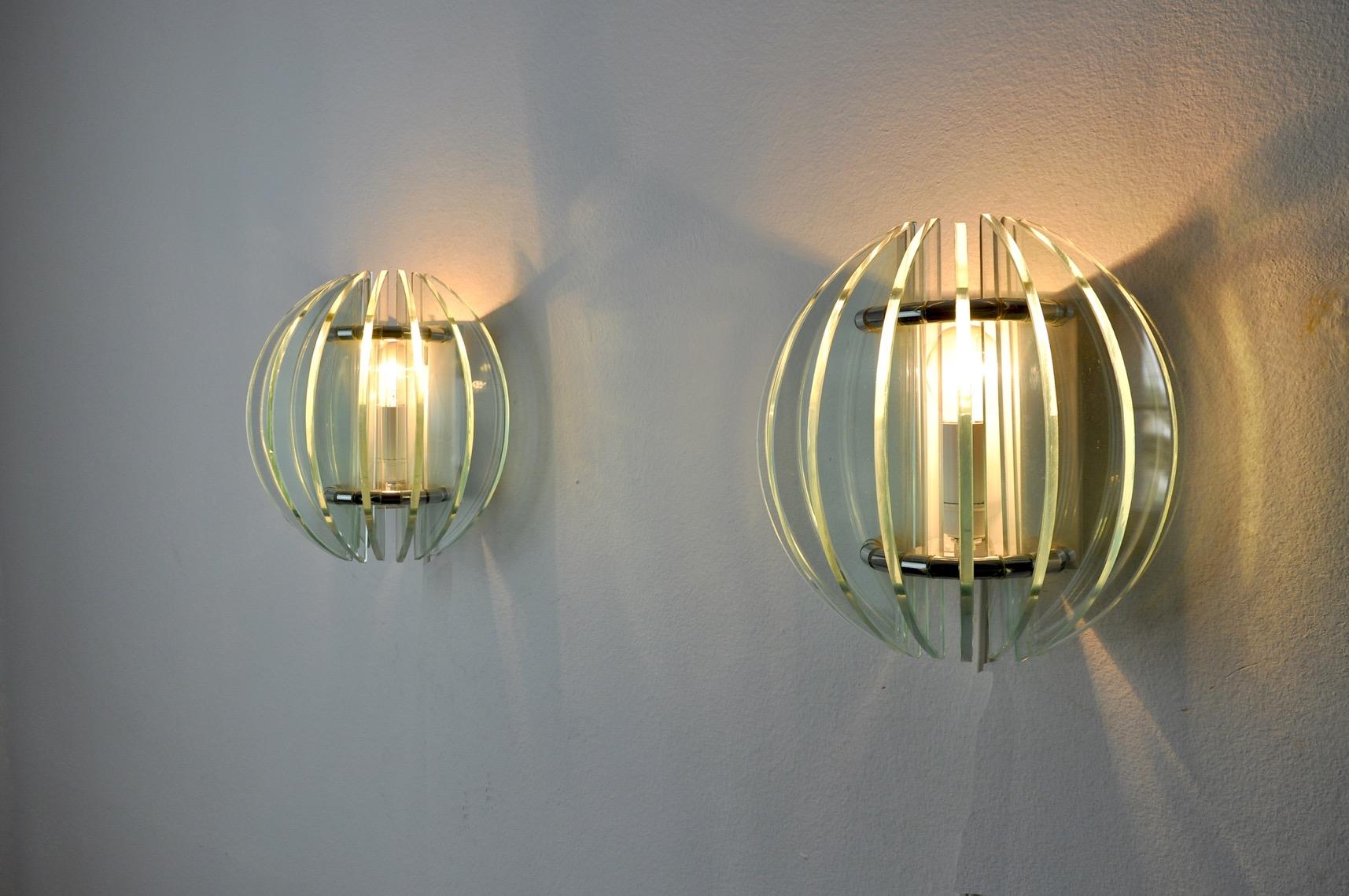 Crystal Pair of Two-Tone Veca Sconces, Italy, 1970s For Sale
