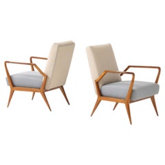Pair of Two Tone Wool and Cherry Armchairs in the Manner of Ico Parisi, Italy, c