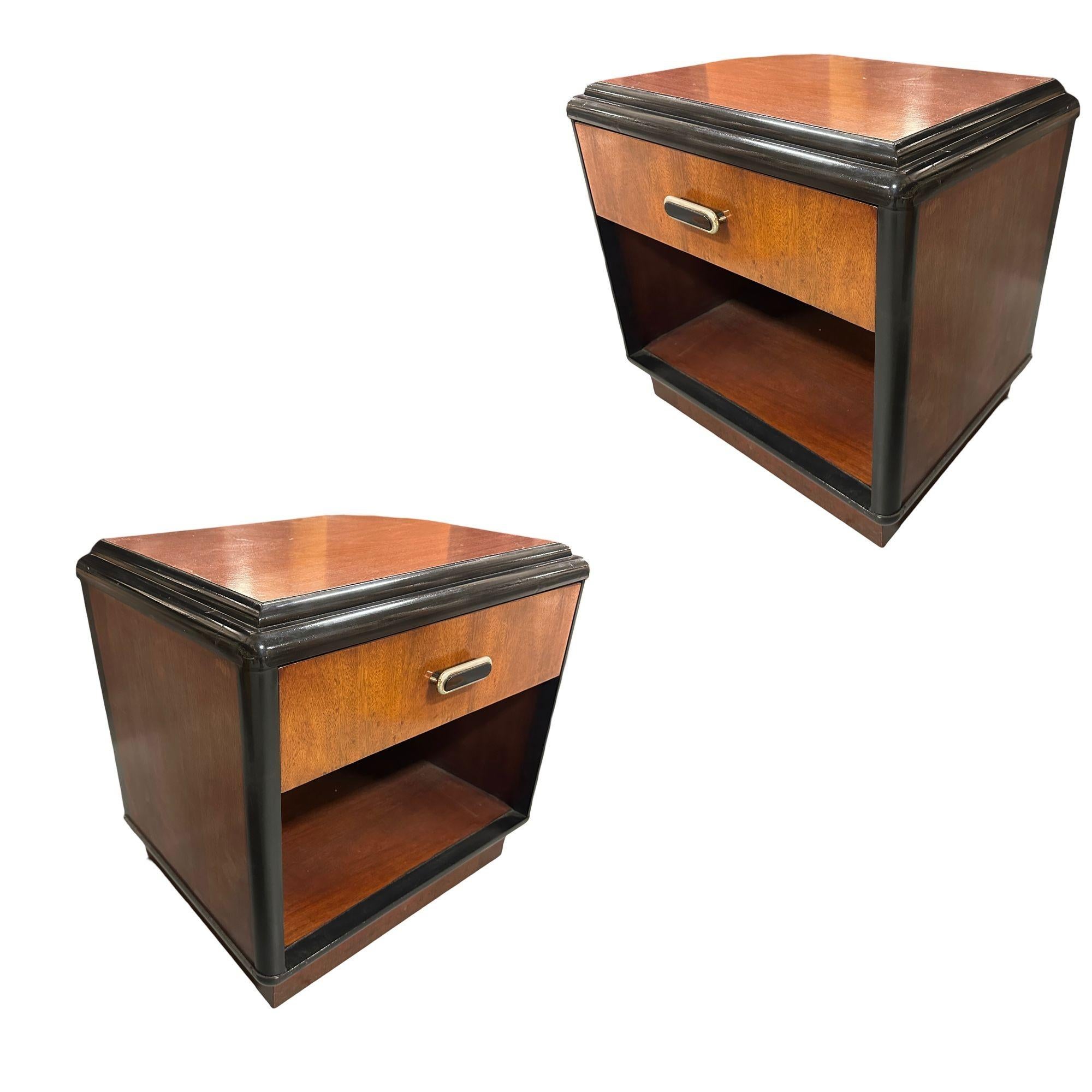 Pair of Two Toned Mid Century Modern Cherry Wood End Tables with Waterfall Edges For Sale