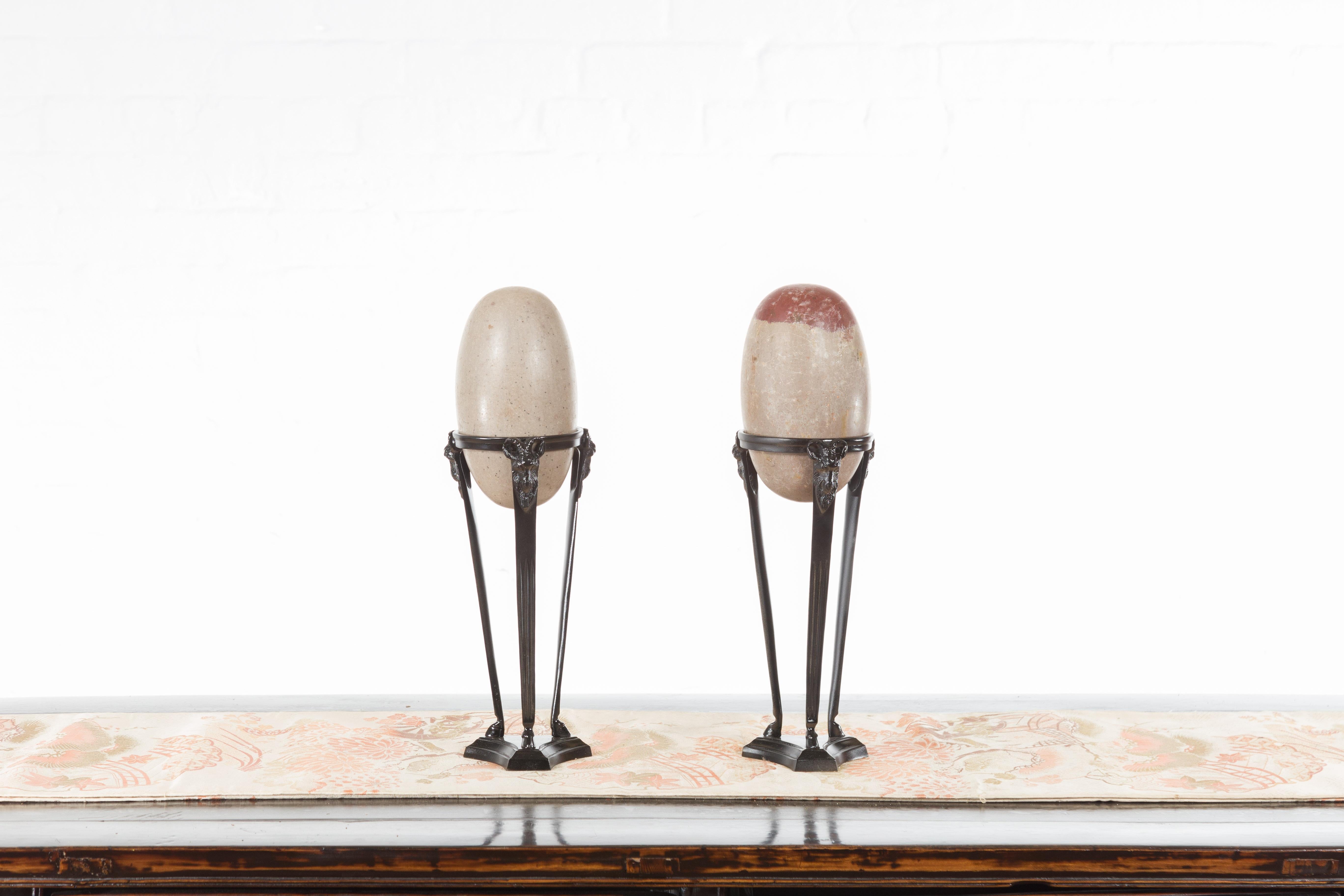 Pair of Two-Toned Stone Shiva Linga from the Narmada River on Custom Stands For Sale 3
