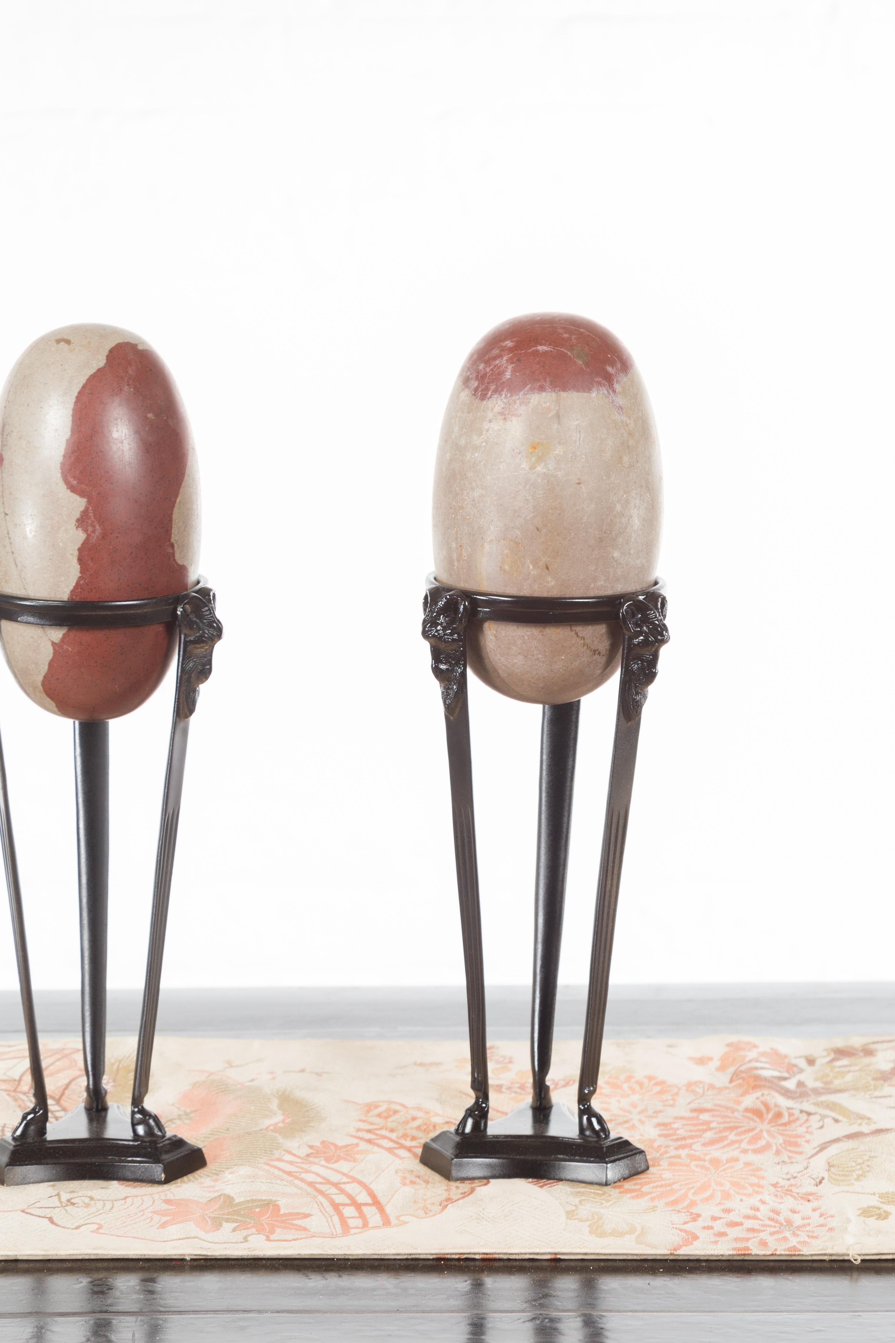 Indian Pair of Two-Toned Stone Shiva Linga from the Narmada River on Custom Stands For Sale