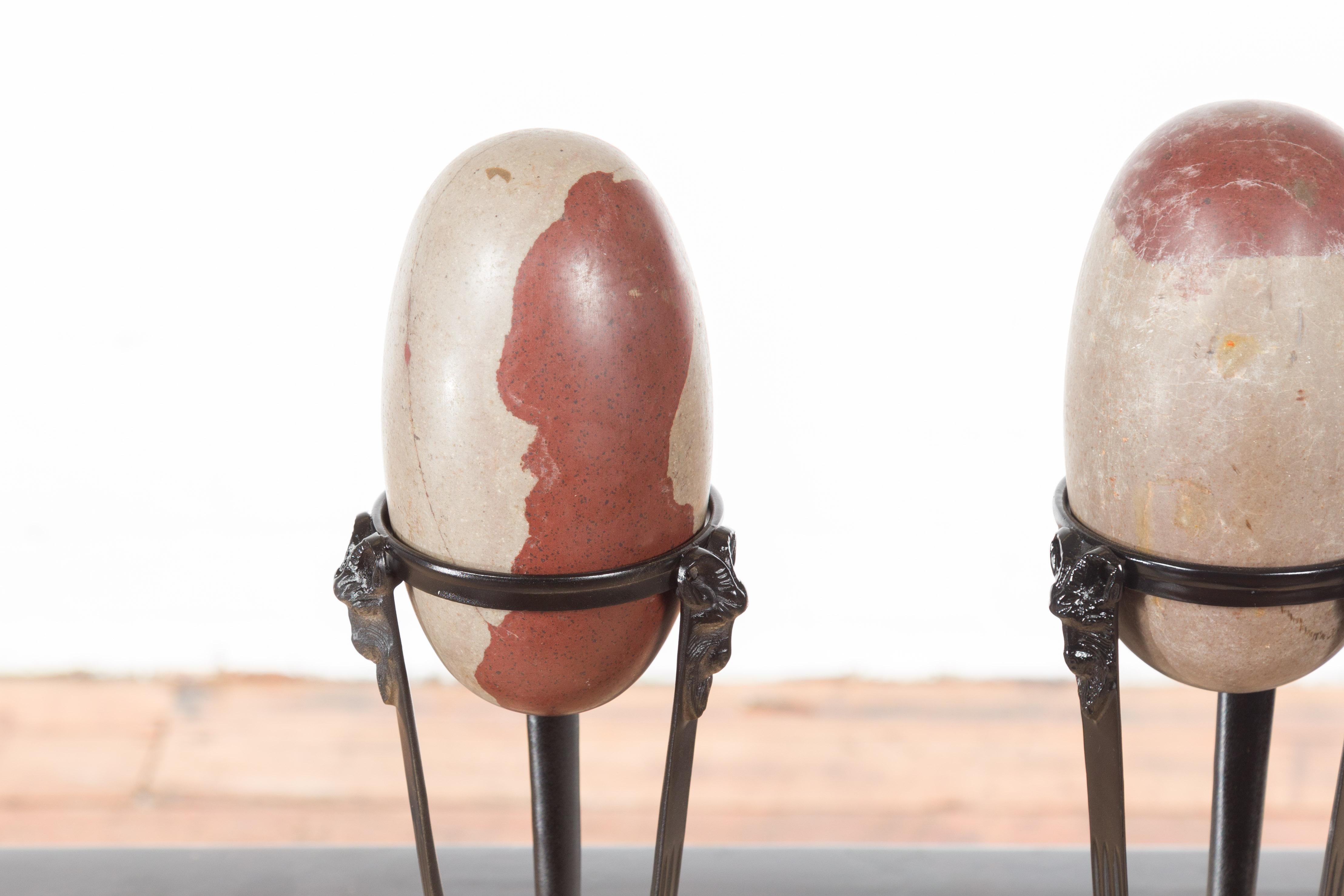 Contemporary Pair of Two-Toned Stone Shiva Linga from the Narmada River on Custom Stands For Sale