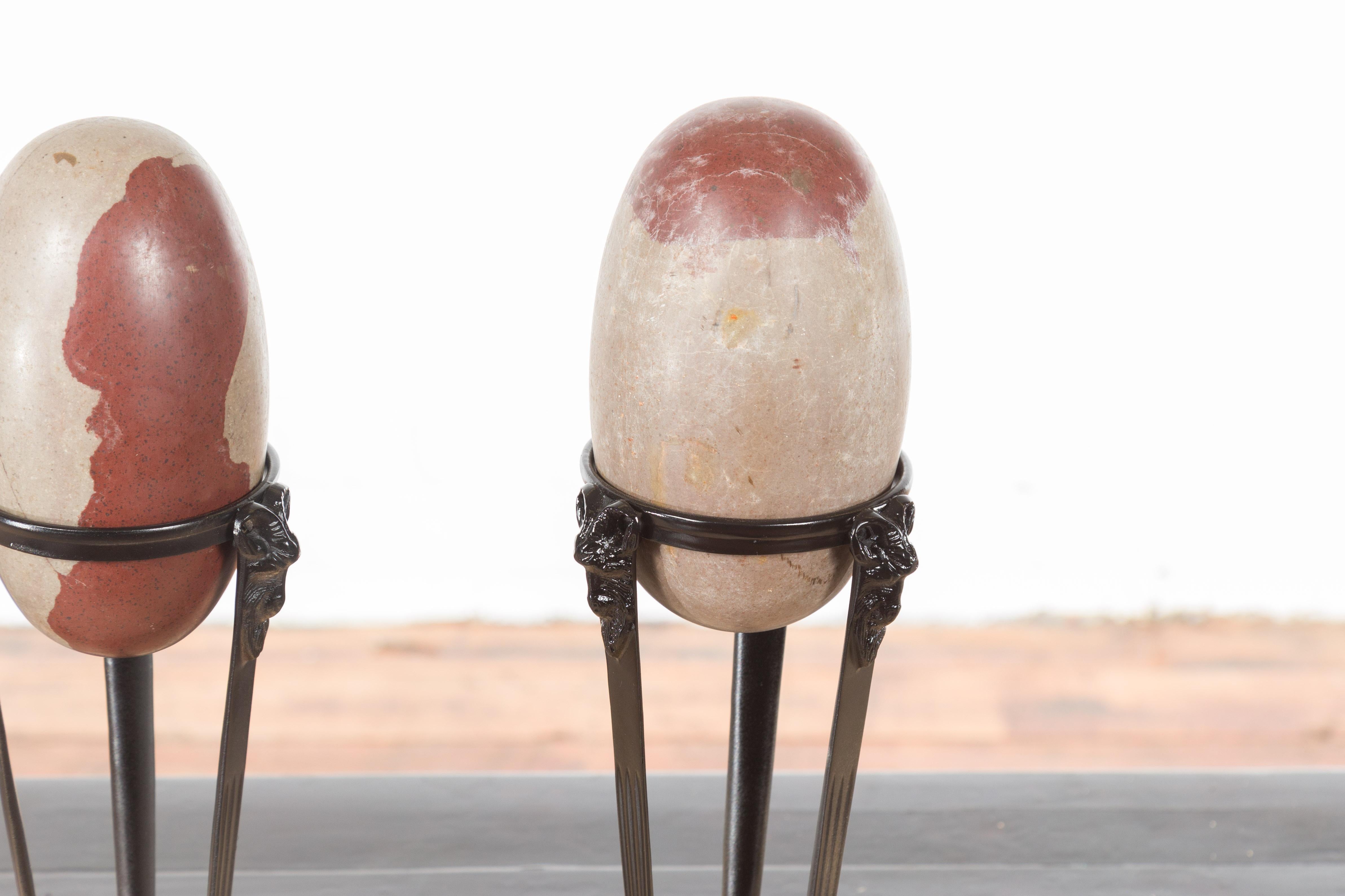 Metal Pair of Two-Toned Stone Shiva Linga from the Narmada River on Custom Stands For Sale