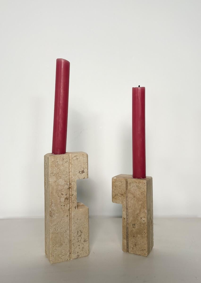Mid-Century Modern Pair of Two Travertine Candlesticks by Fratelli Mannelli, 1970s For Sale