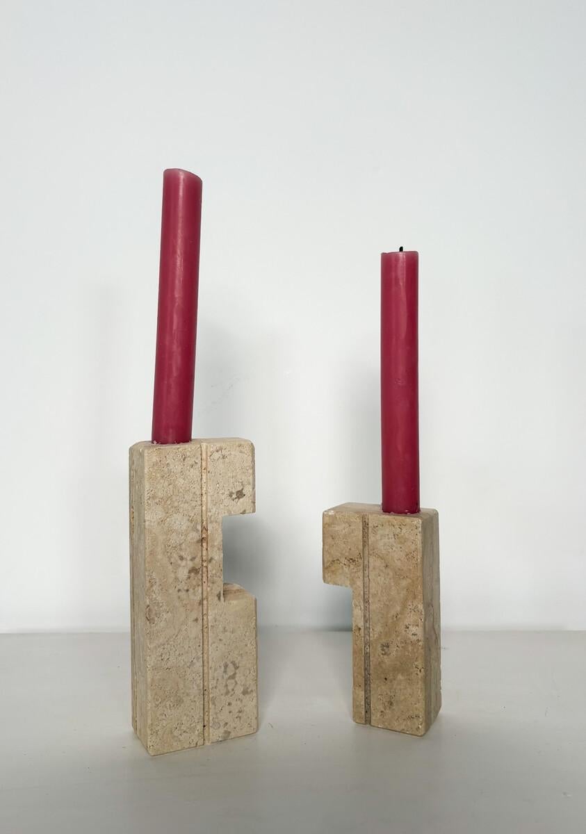 Italian Pair of Two Travertine Candlesticks by Fratelli Mannelli, 1970s For Sale