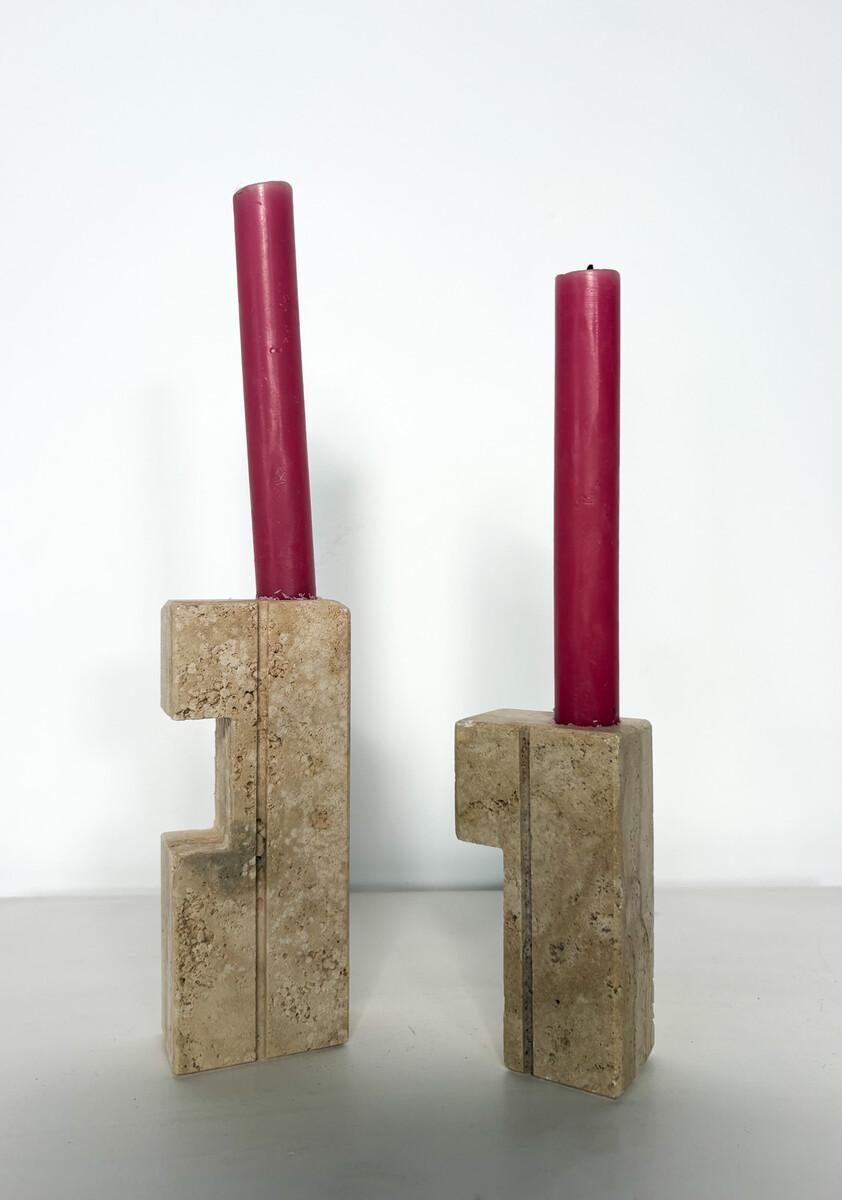 Pair of Two Travertine Candlesticks by Fratelli Mannelli, 1970s In Good Condition For Sale In Brussels, BE