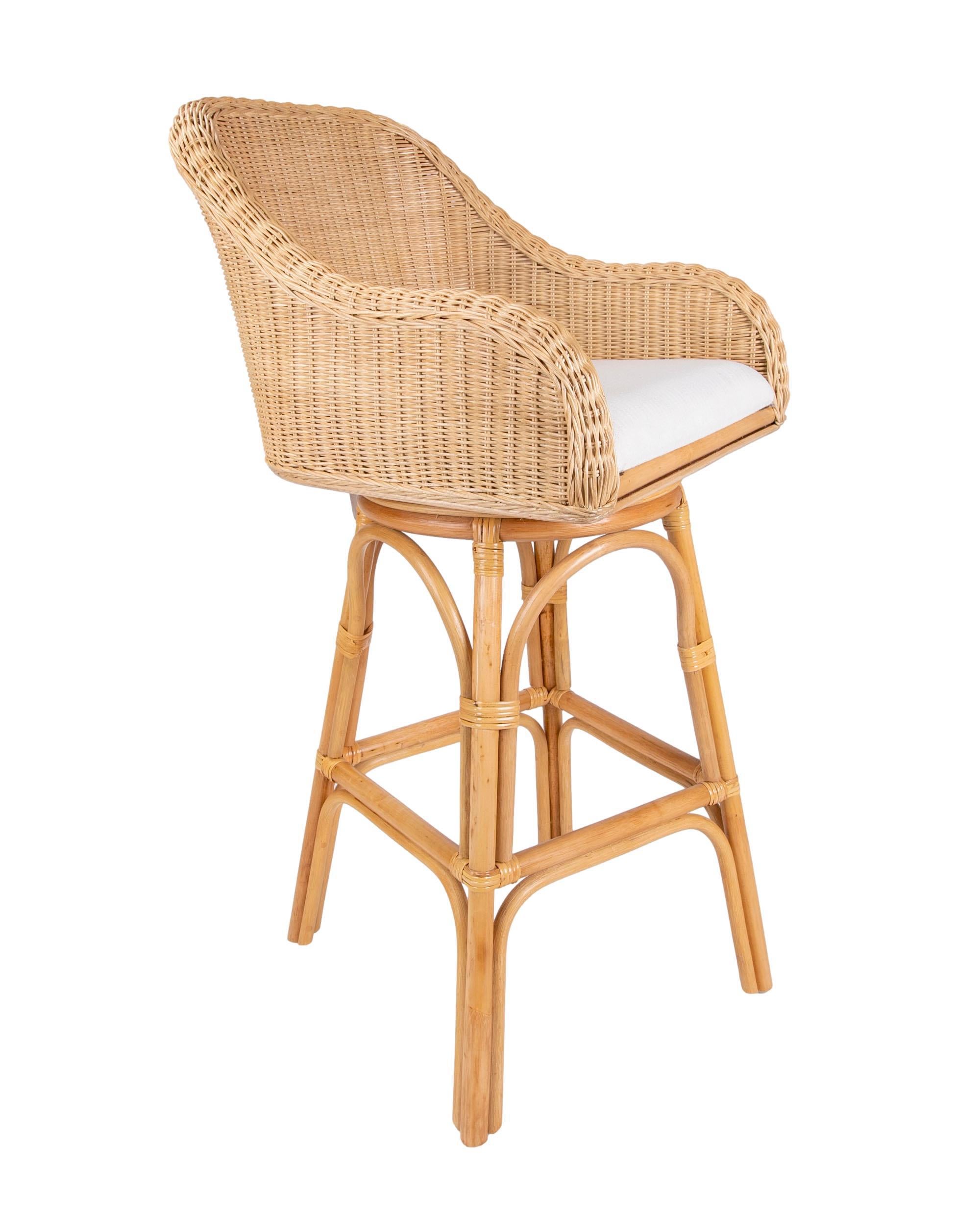 Pair of Two Upholstered Rattan and Wicker Bar stools with Sideways Movement
