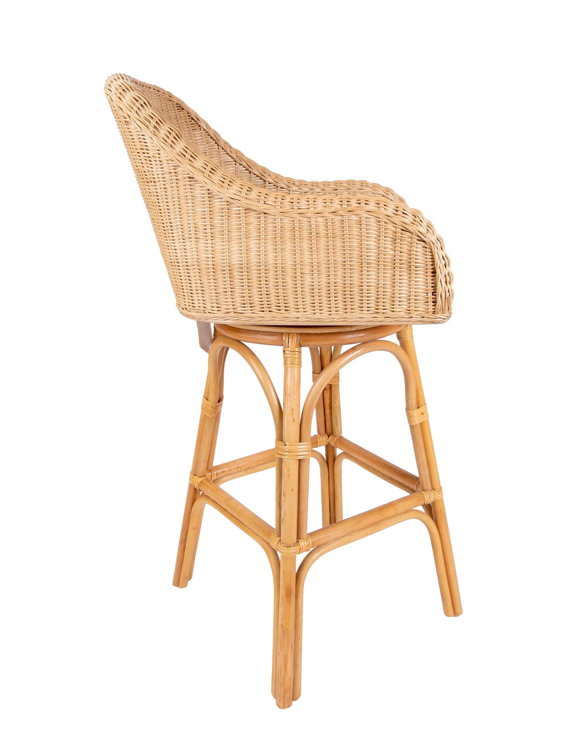 European Pair of Two Upholstered Rattan and Wicker Bar stools with Sideways Movement For Sale
