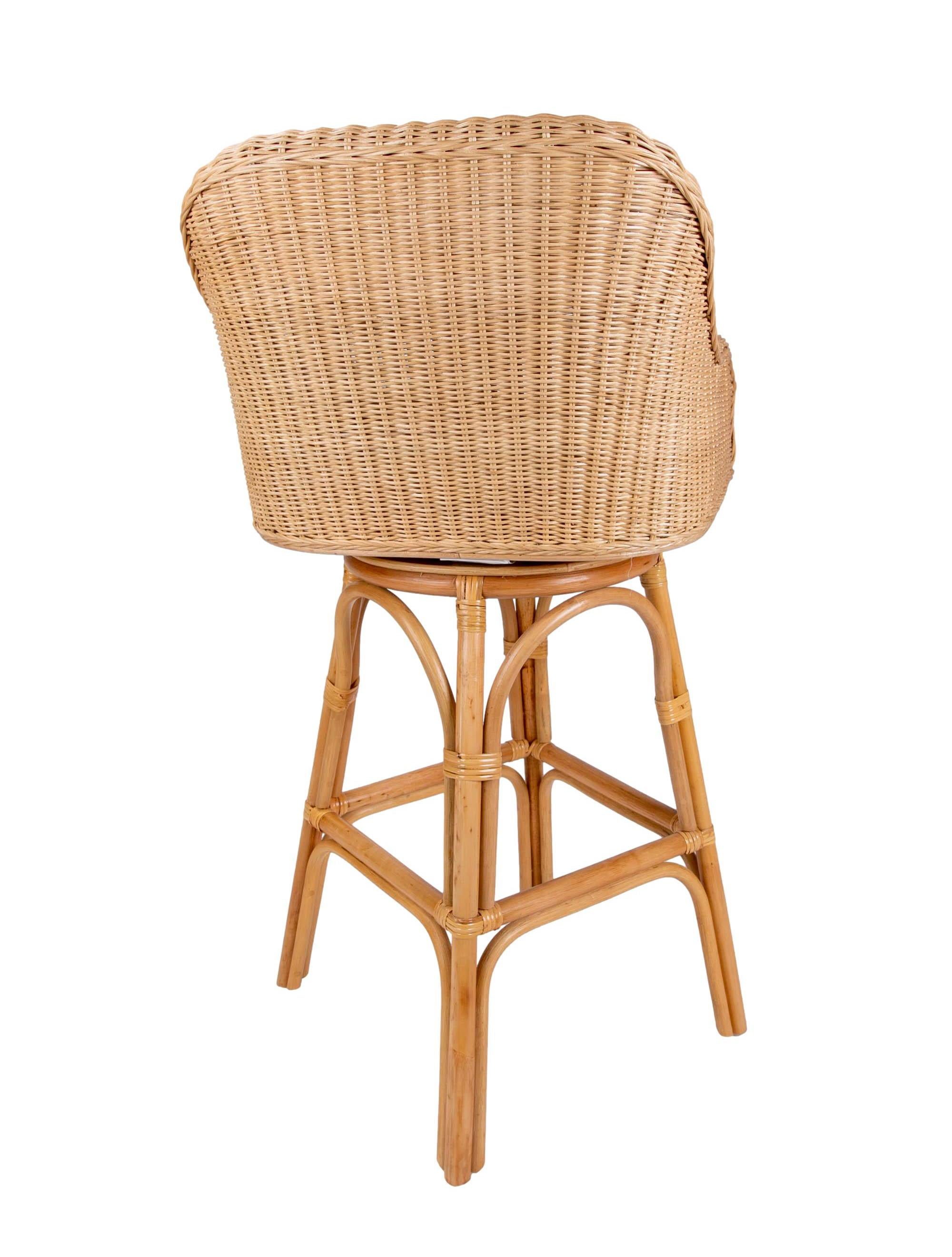 Contemporary Pair of Two Upholstered Rattan and Wicker Bar stools with Sideways Movement For Sale