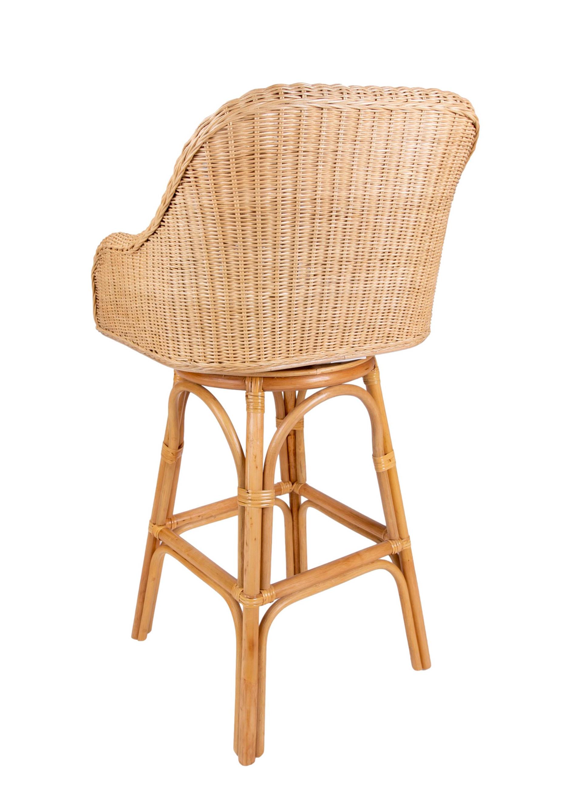 Pair of Two Upholstered Rattan and Wicker Bar stools with Sideways Movement For Sale 1