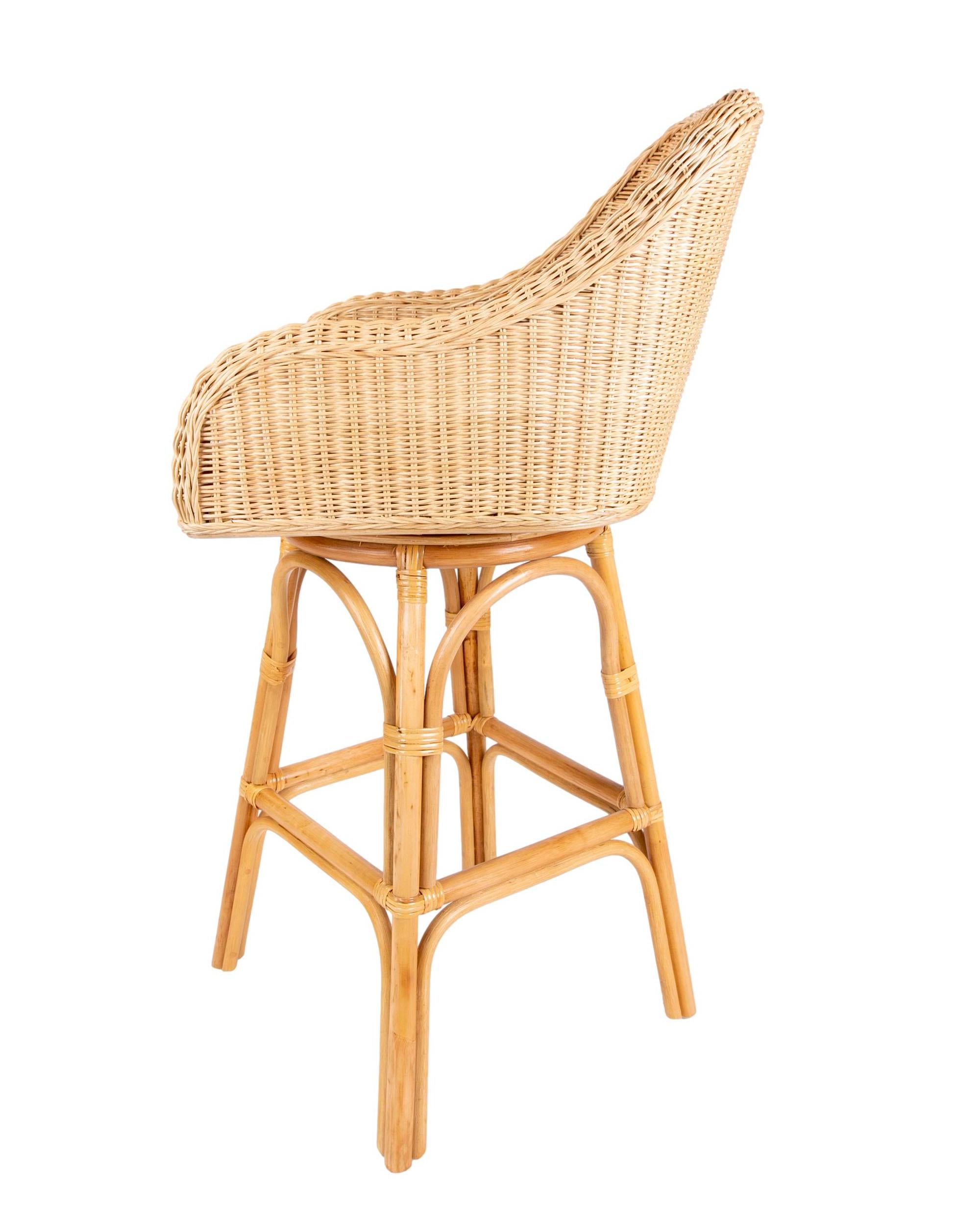 Pair of Two Upholstered Rattan and Wicker Bar stools with Sideways Movement For Sale 2