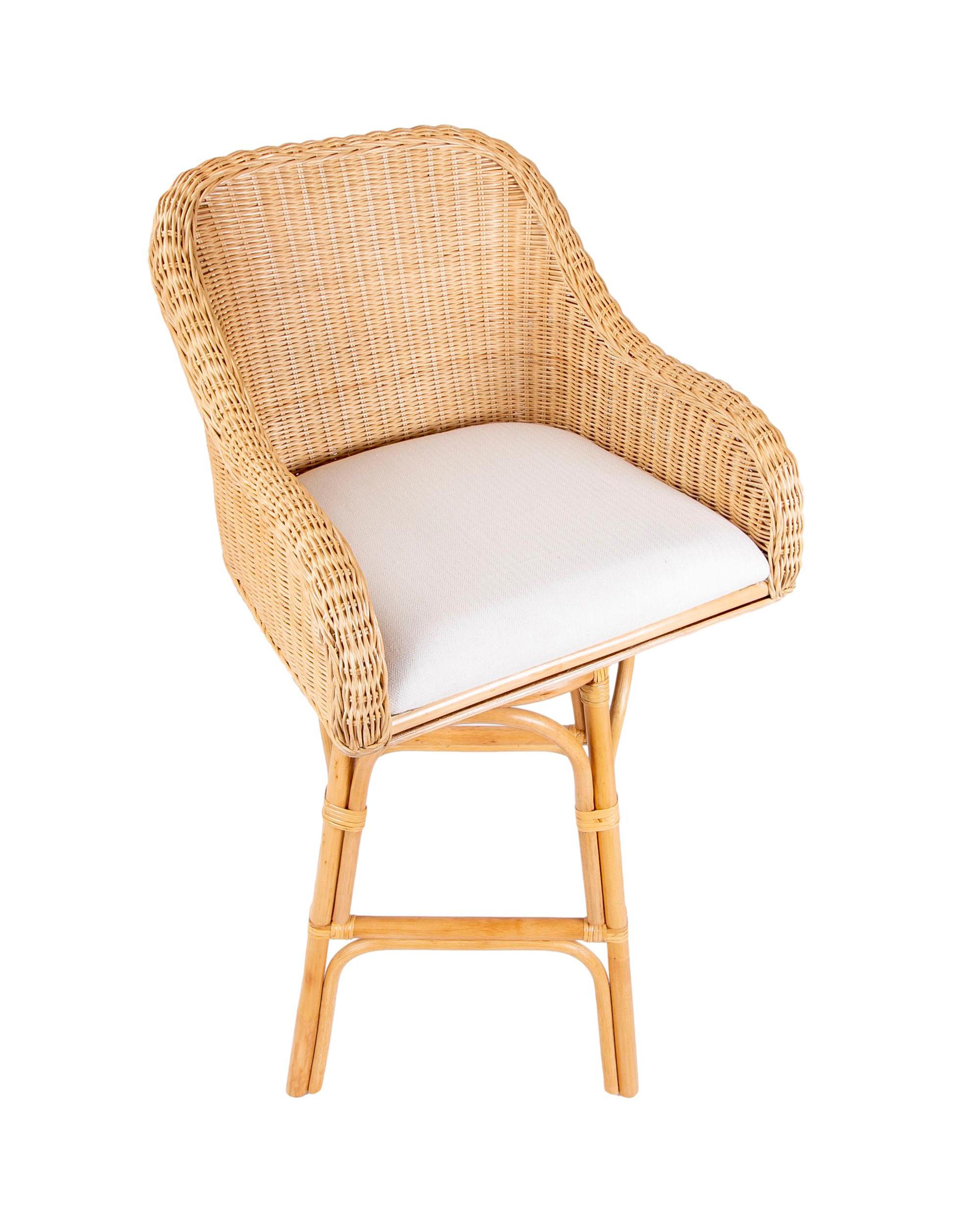 Pair of Two Upholstered Rattan and Wicker Bar stools with Sideways Movement For Sale 4