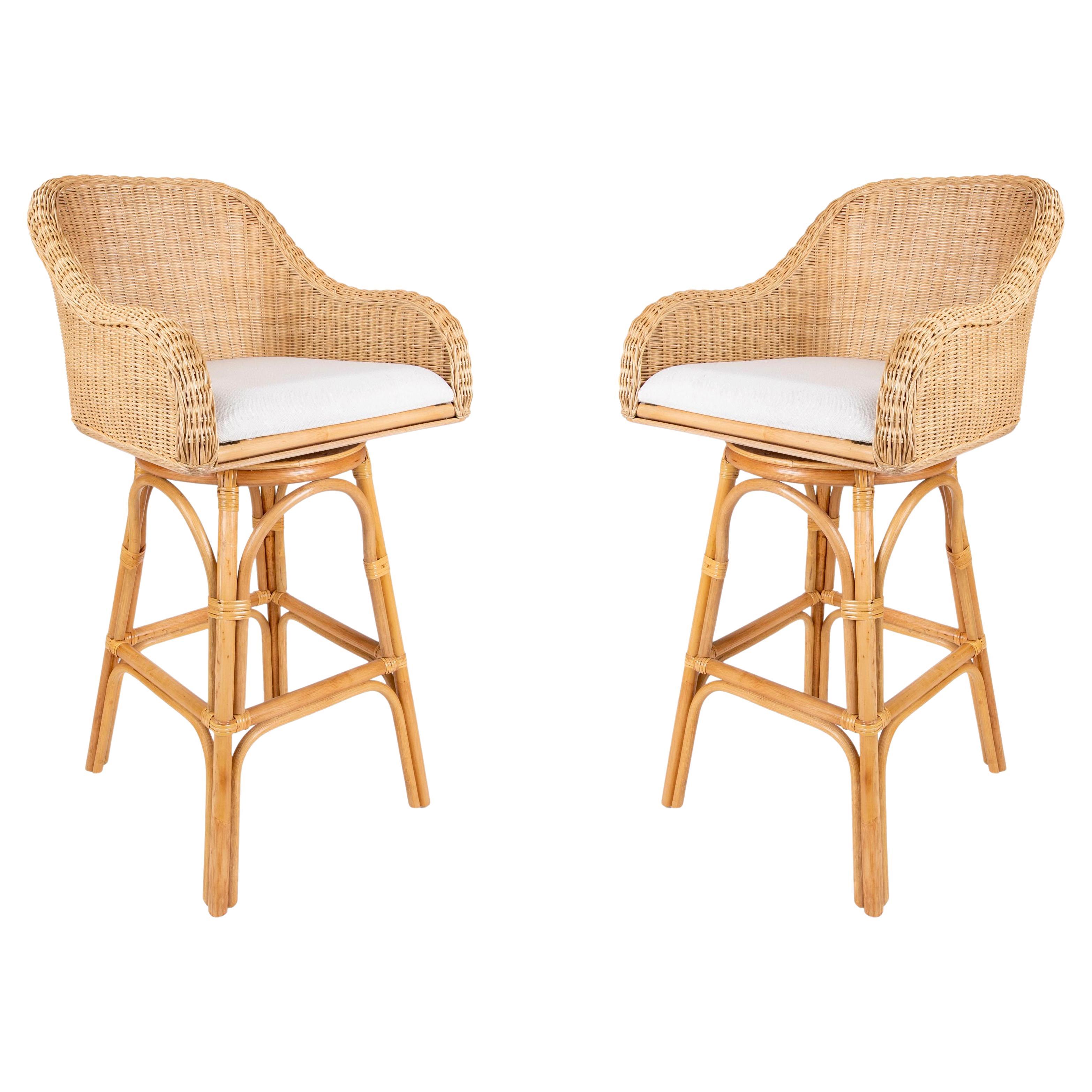 Pair of Two Upholstered Rattan and Wicker Bar stools with Sideways Movement For Sale