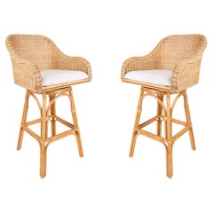 Pair of Two Upholstered Rattan and Wicker Bar stools with Sideways Movement