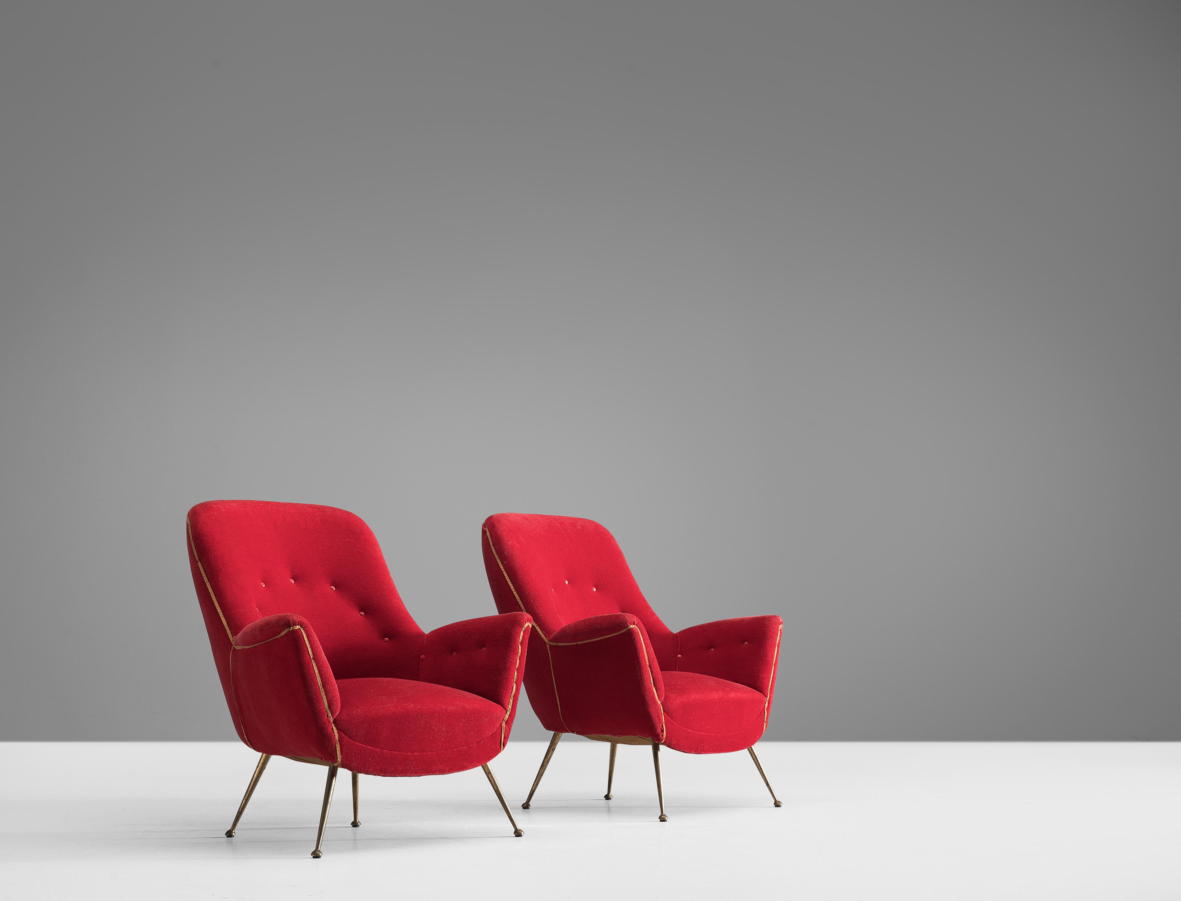 Italian Pair of Easy Chairs in Red Velvet and Brass For Sale 1
