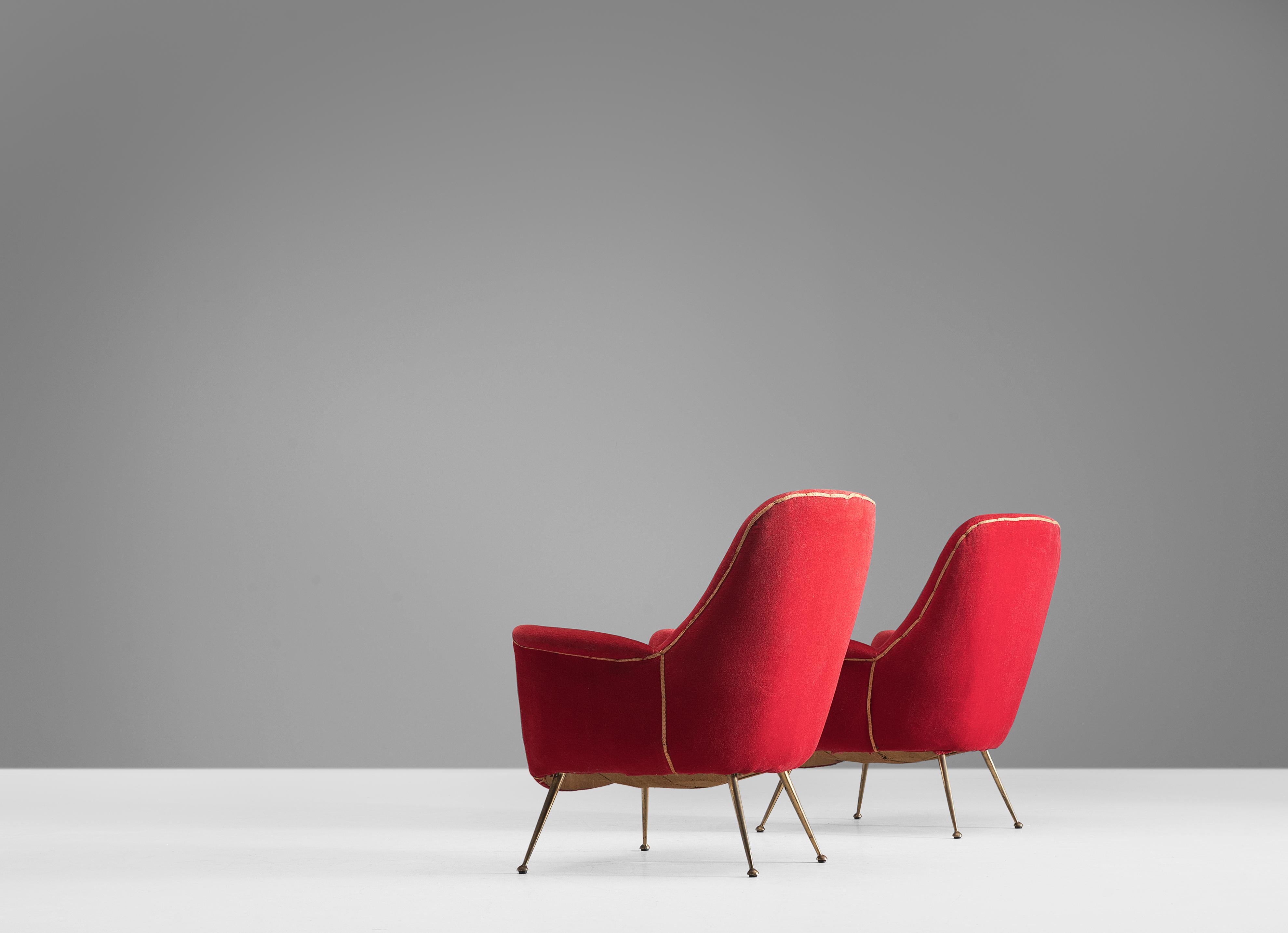 Italian Pair of Easy Chairs in Red Velvet and Brass For Sale 3