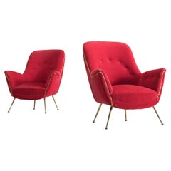 Italian Pair of Easy Chairs in Red Velvet and Brass