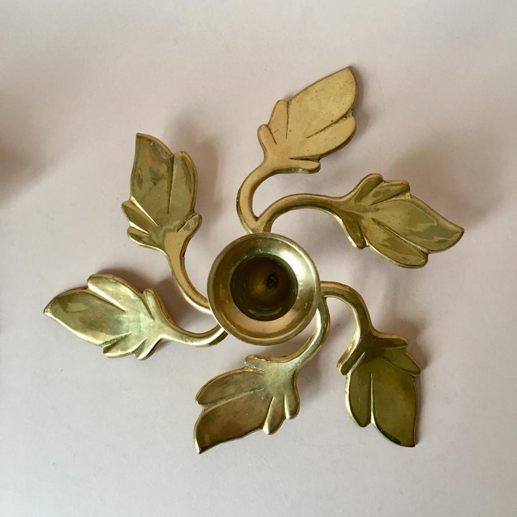 Late 20th Century Pair of Two Vintage Swedish Brass Leaves Candleholders, 1970s For Sale