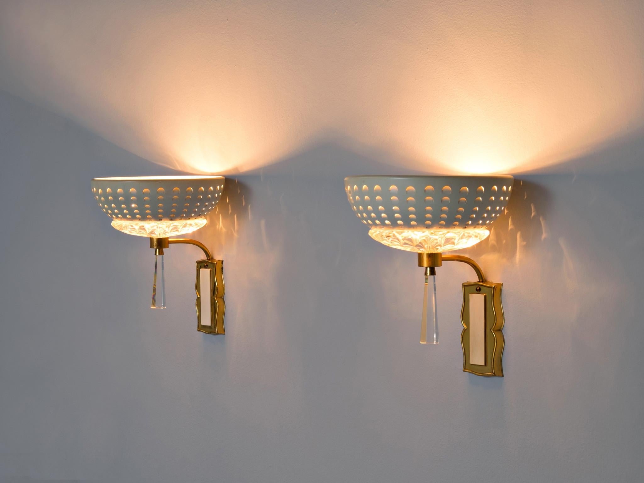 European Pair of Two Wall Lights in Brass and Structured Glass