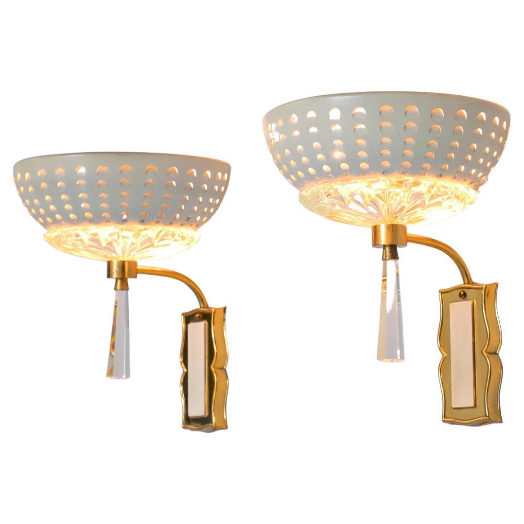 Pair of Two Wall Lights in Brass and Structured Glass