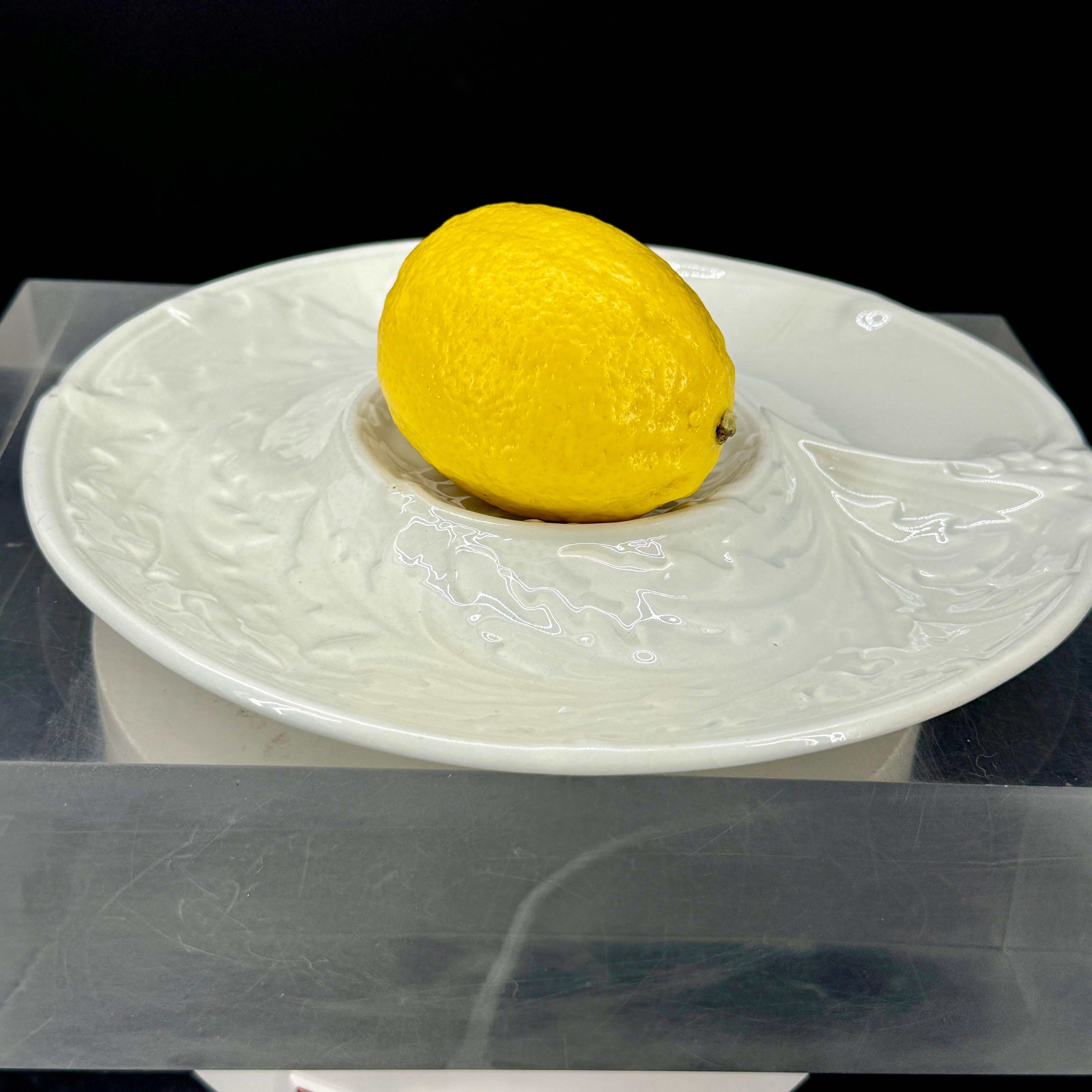 Pareja de 2 Platos Alcachofa de Mayólica Gien Blanca, Francia
Juego de platos de alcachofa de mayólica francesa de los años 60, decorados con hojas, volutas y un motivo de alcachofa en el centro. Cada plato está contorneado para contener una salsa