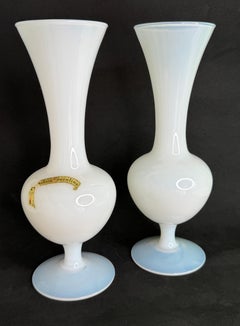 Pair of Two white Opaline Glass Flower Vases Italy 20th Century