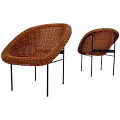 Vintage Pair of Two Wicker Midcentury Easy Chairs, France, 1960s