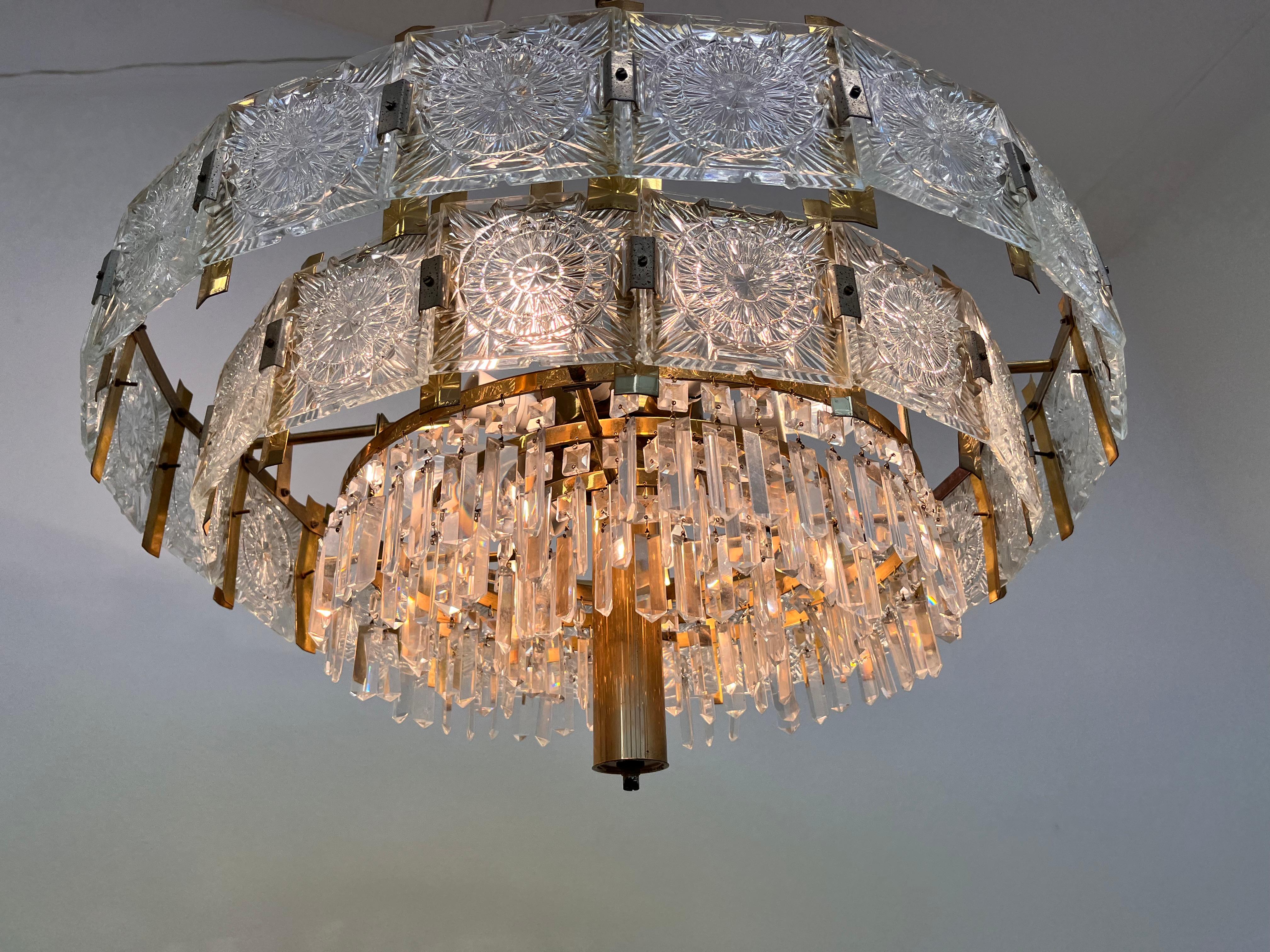 Pair of Two XXL Big brass Glass Chandeliers by Kamenicky Senov/Preciosa, 1970s For Sale 1