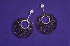 Pair of Type A Black Jade Jadeite Diamond Platinum One of a Kind Earrings