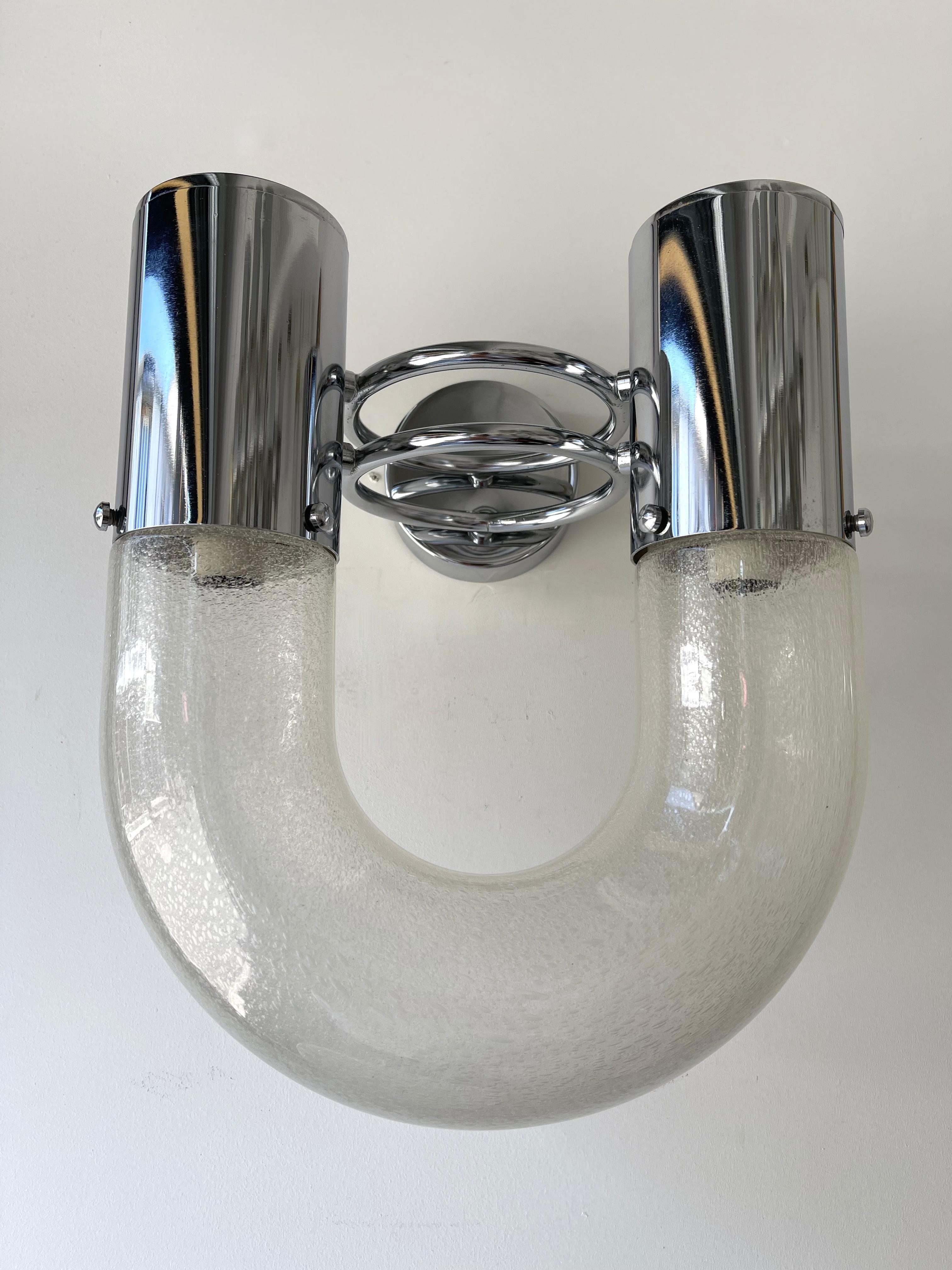 Space Age Pair of U Sconces Metal Murano Glass by Aldo Nason for Mazzega, Italy, 1970s