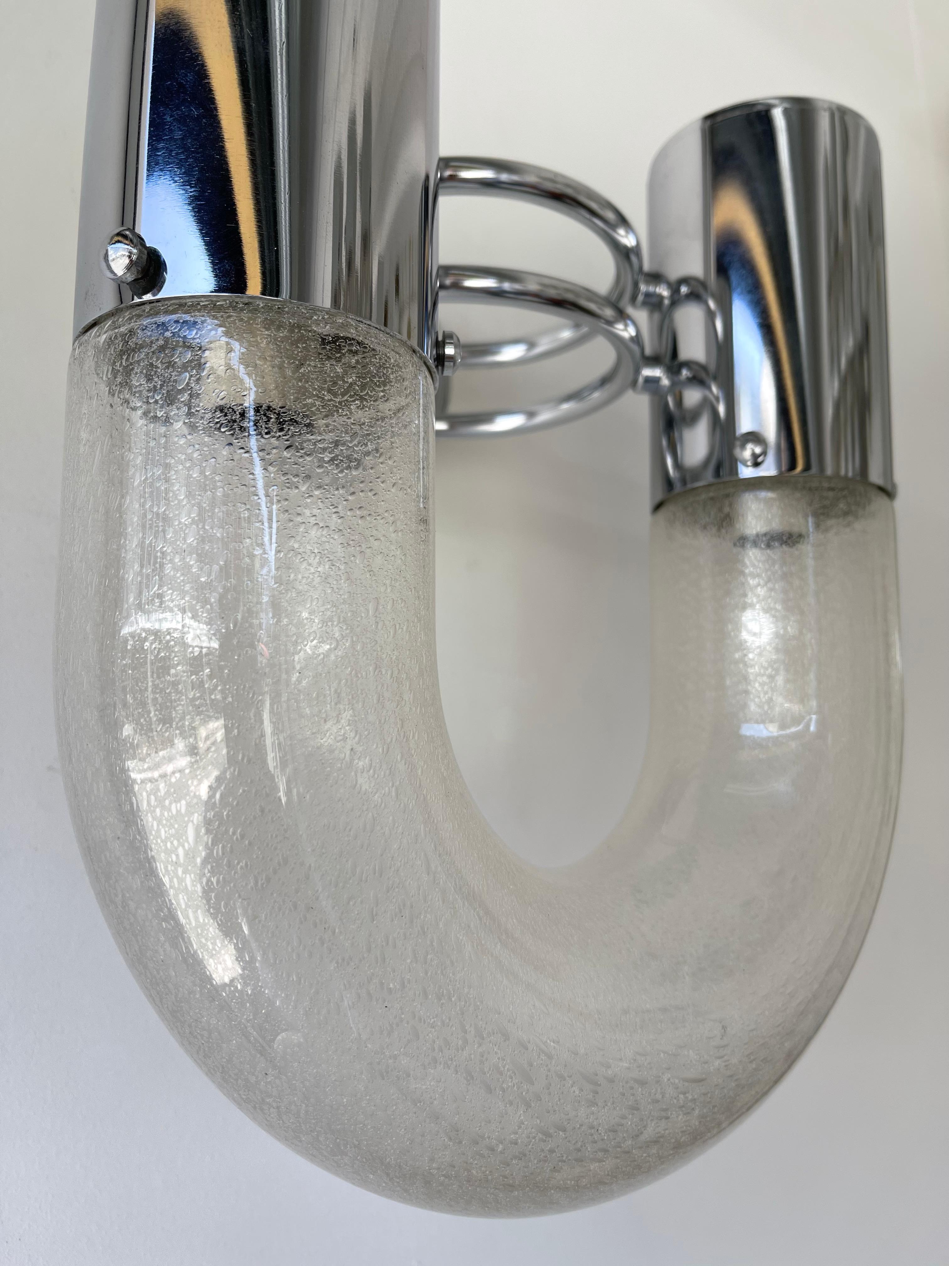 Late 20th Century Pair of U Sconces Metal Murano Glass by Aldo Nason for Mazzega, Italy, 1970s