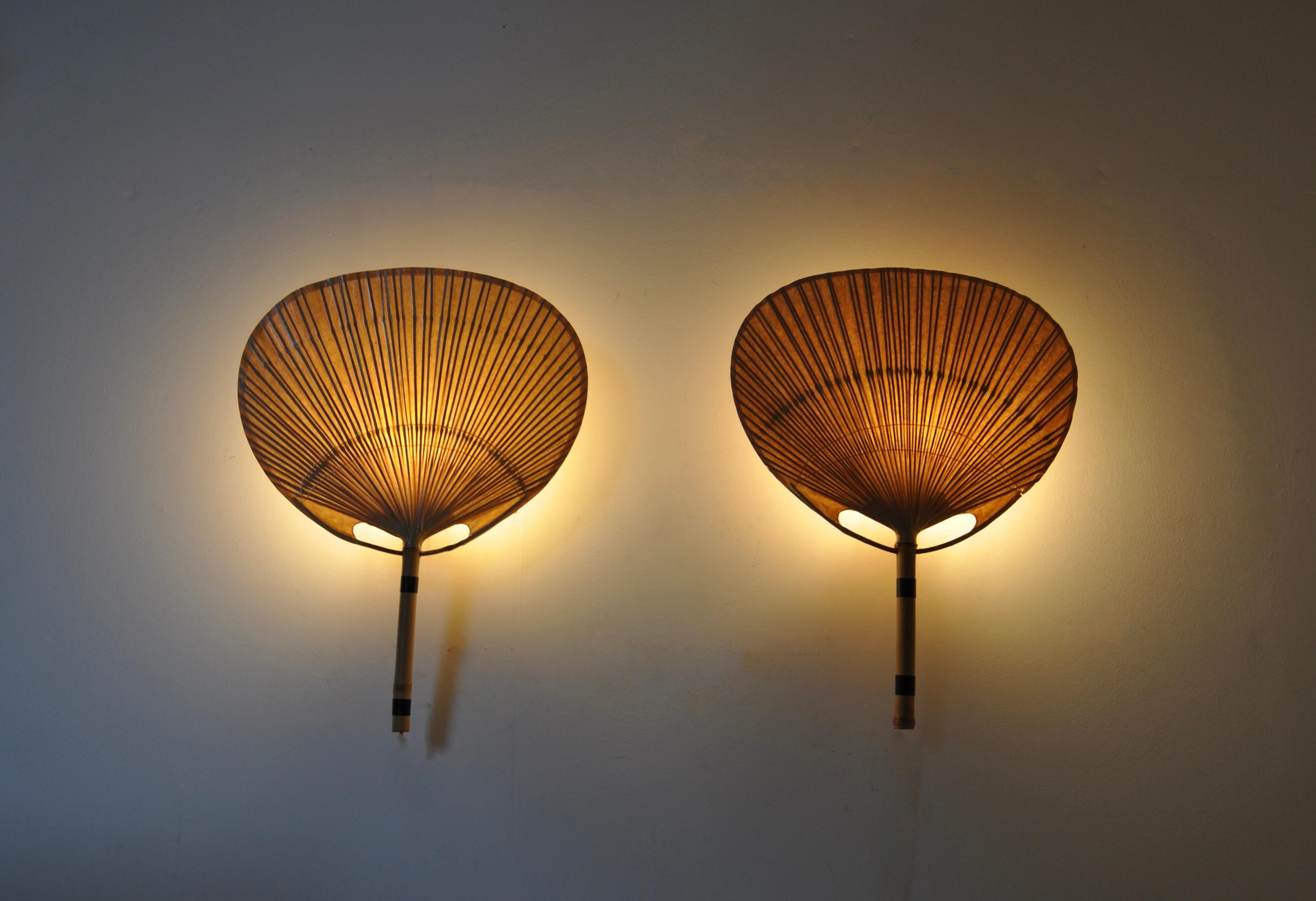 Bamboo Pair of Uchiwa Wall Lamps by Ingo Maurer for M Design, 1970s