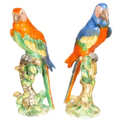 Pair of Ugo Zaccagnini Ceramic Parrots Retailed by Ovington, New York