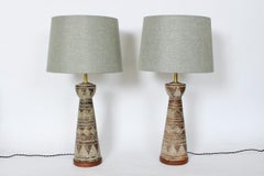Pair of Ugo Zaccagnini Incised Tribal Table Lamps in Brown & Cream, 1950s