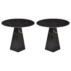 Paire de tables d'appoint rondes ultra fines en marbre noir Sahara