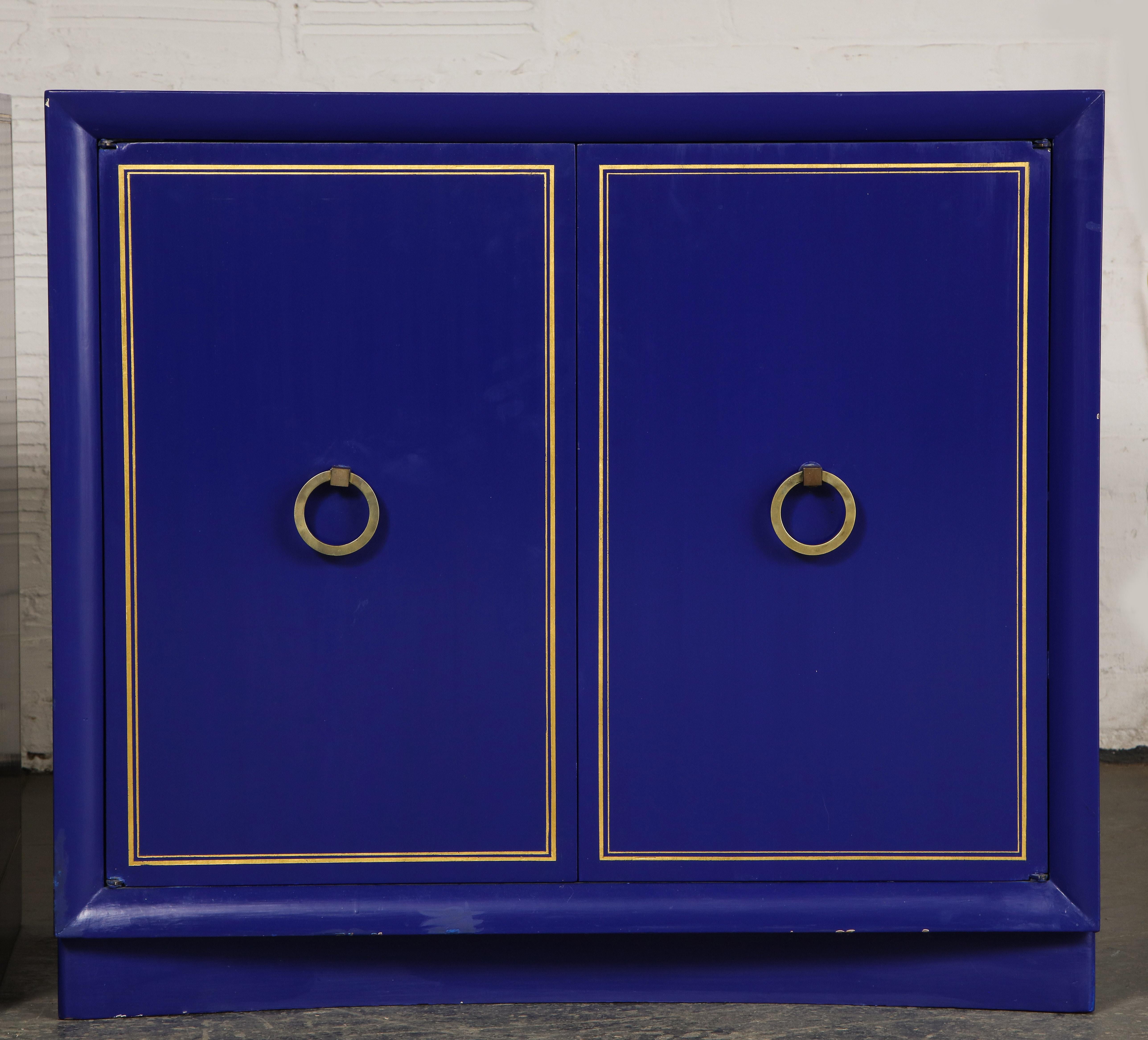 Hollywood Regency Pair of Ultramarine Blue and Gilt Side Cabinets