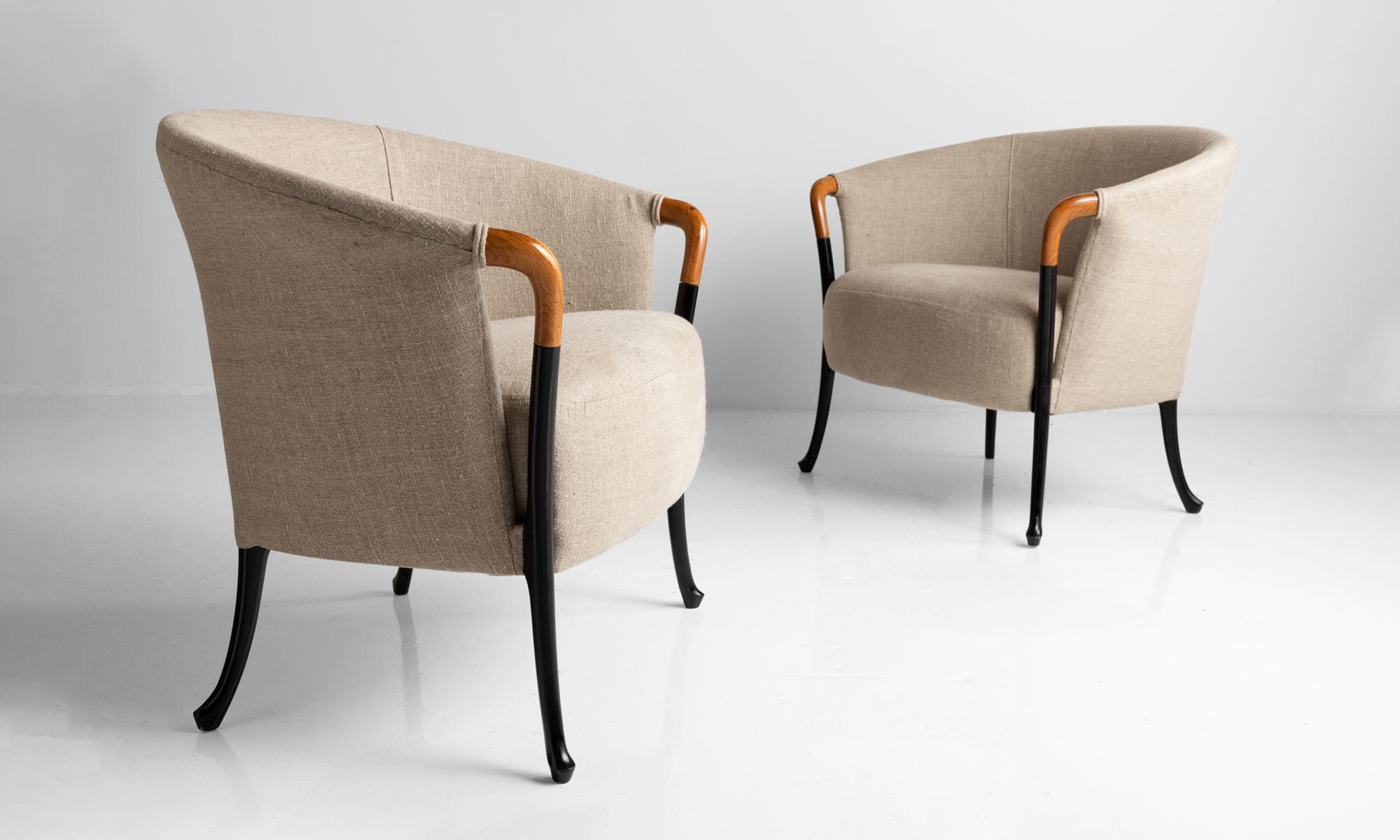 Designed by Umberto Asnago and produced Giorgetti. Upholstered in linen with teak arms in original finish.