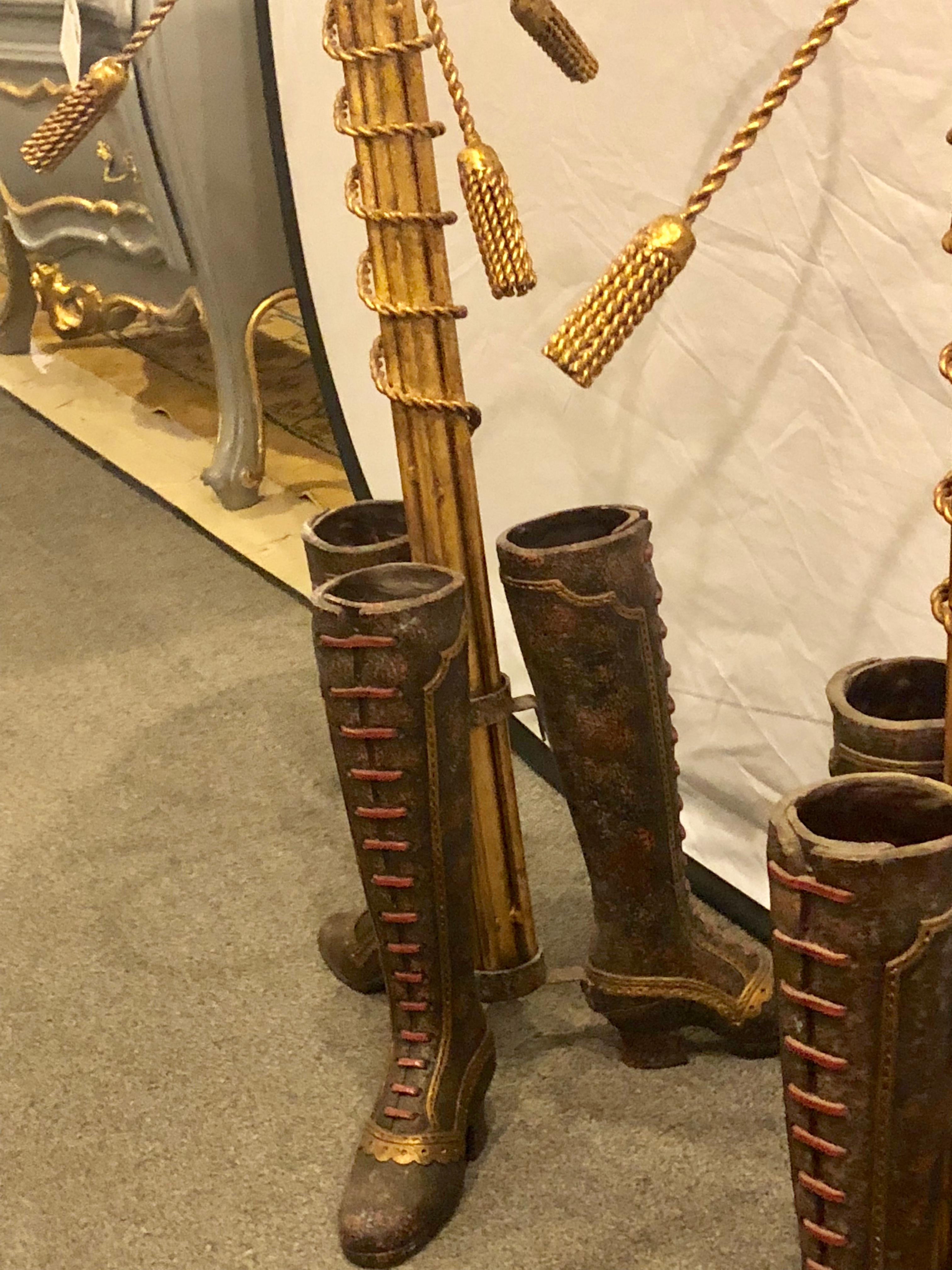 Pair of Umbrella Stands Each Depicting Painted Boots on Bronze from Base In Good Condition In Stamford, CT