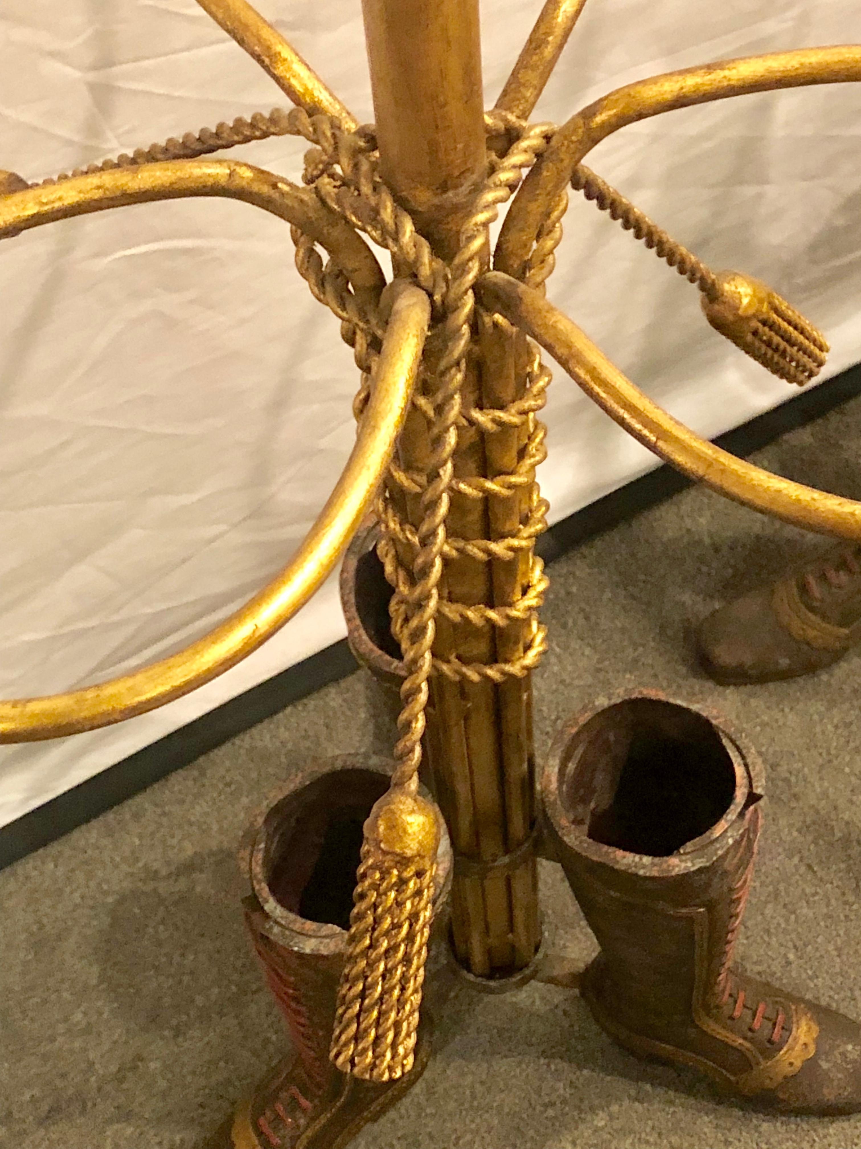 Pair of Umbrella Stands Each Depicting Painted Boots on Bronze from Base 1