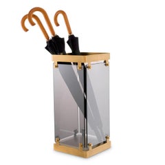 Pair of Umbrella Stands in Patinated Brass and Smoked Glass.