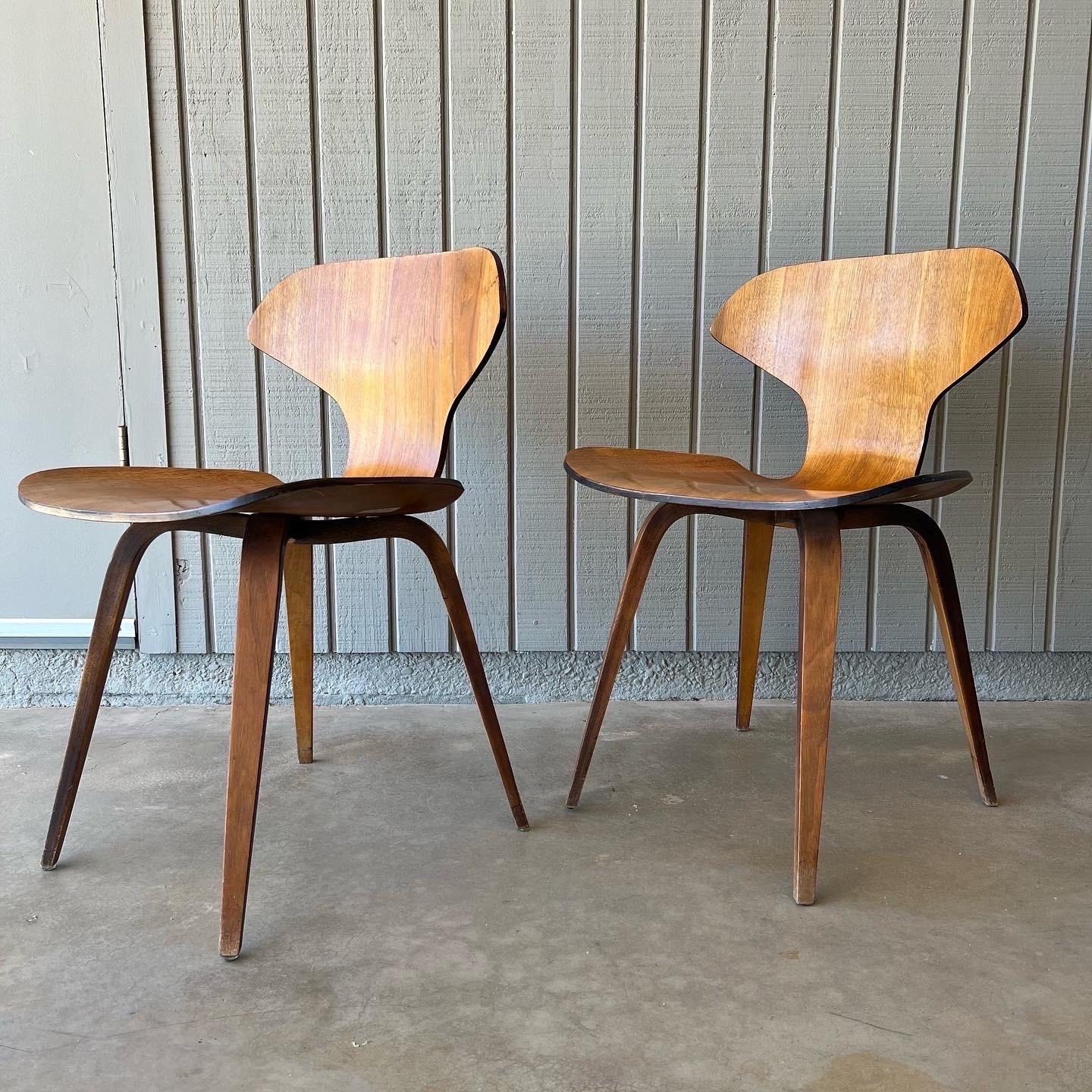 Coppia di non comuni poltroncine Plycraft in legno curvato e noce, in stile mid century modern vintage. Probabilmente sono state progettate da George Mulhauser, ma hanno in comune alcuni elementi di design con la sedia pretzel di Norman Cherner.