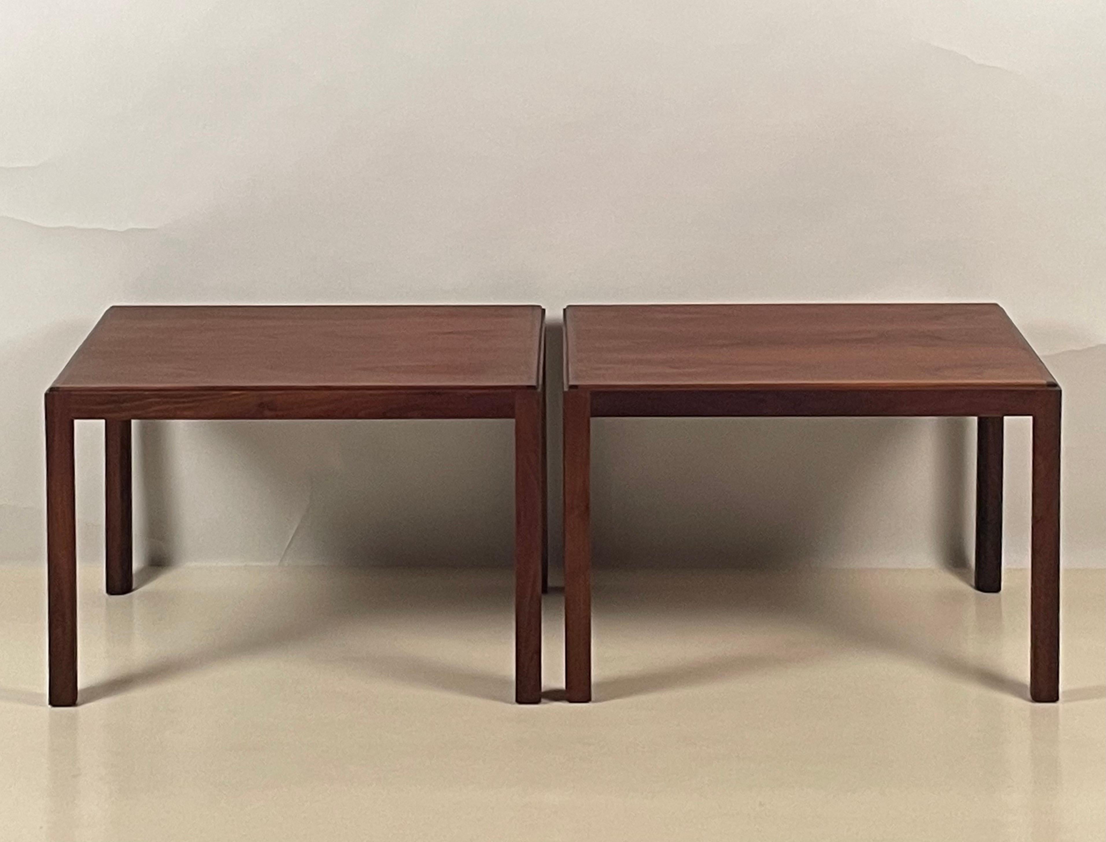 Stained Pair of Understated Walnut End Tables by Brown Saltman For Sale