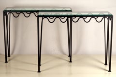 Pair of Undulating 'Méandre' Wrought Iron and Glass Consoles by Design Frères