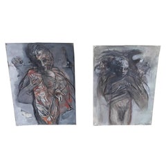 Pair of Unframed Large Brutalist Abstract Nude Paintings