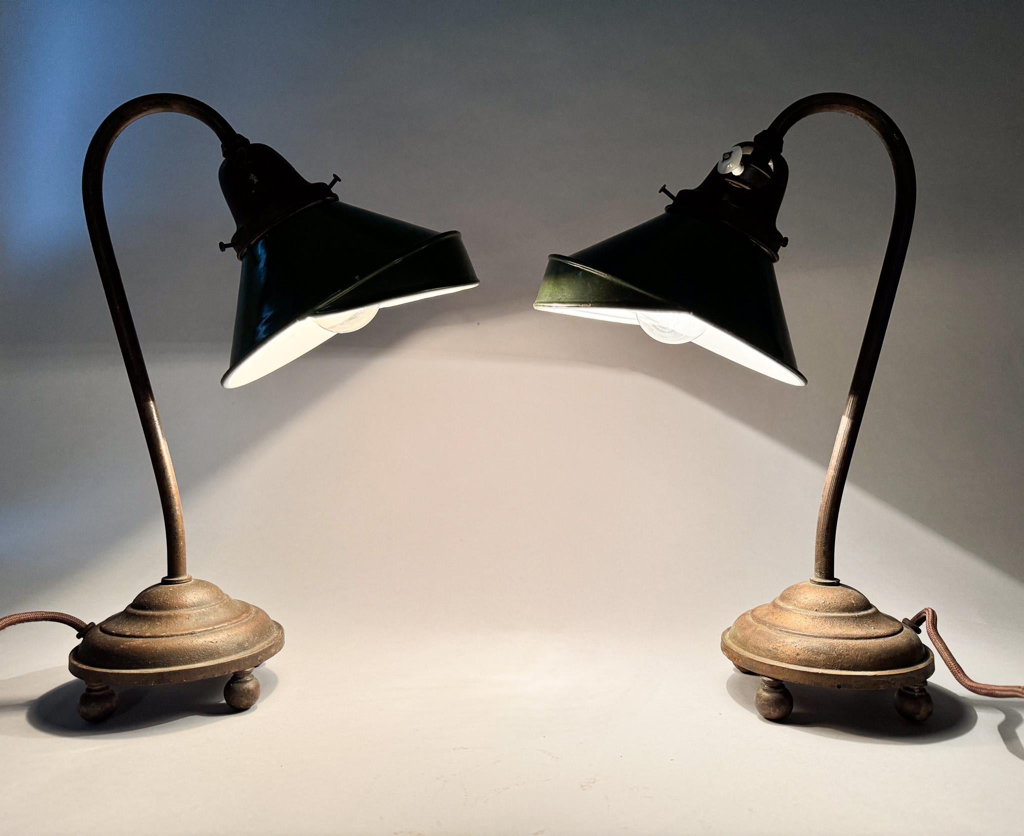 Pair of Unique 1920's Enamel & Cast Iron Desk Lamps, Czechoslovakia For Sale 7
