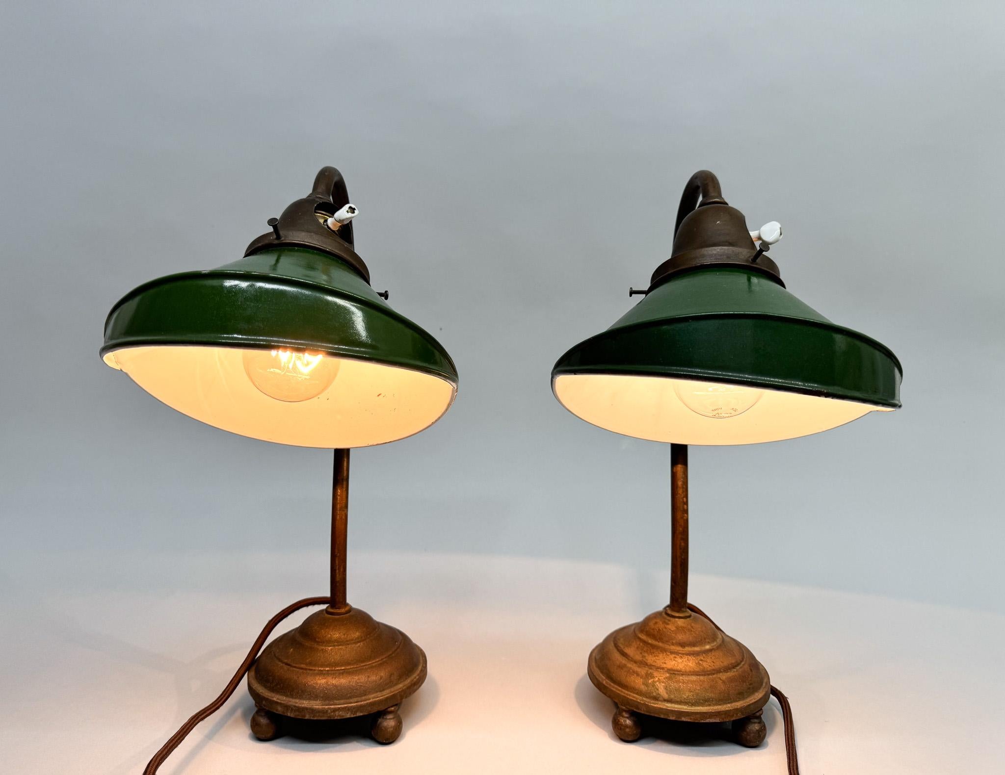 Pair of Unique 1920's Enamel & Cast Iron Desk Lamps, Czechoslovakia For Sale 8