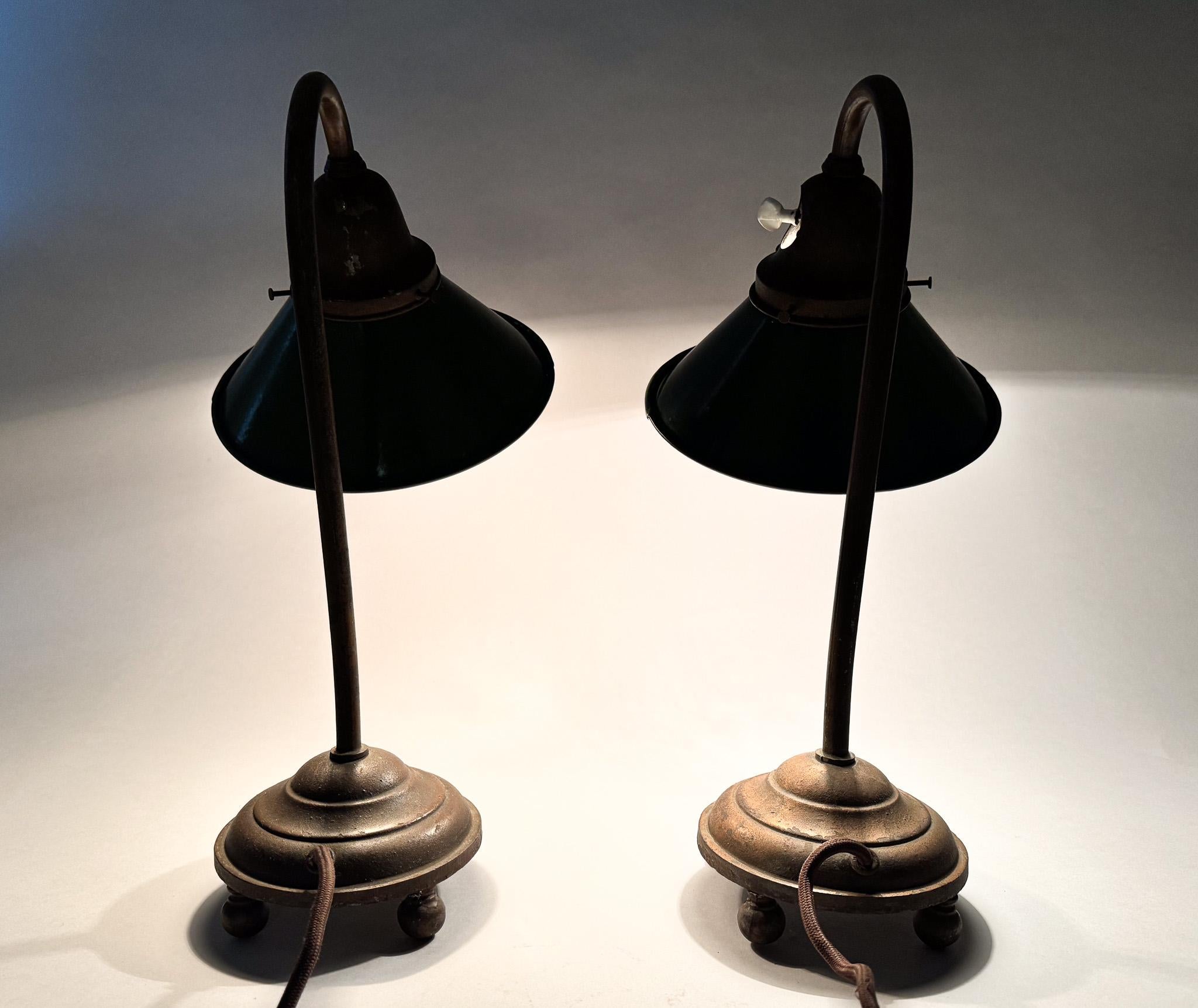 Pair of Unique 1920's Enamel & Cast Iron Desk Lamps, Czechoslovakia For Sale 9