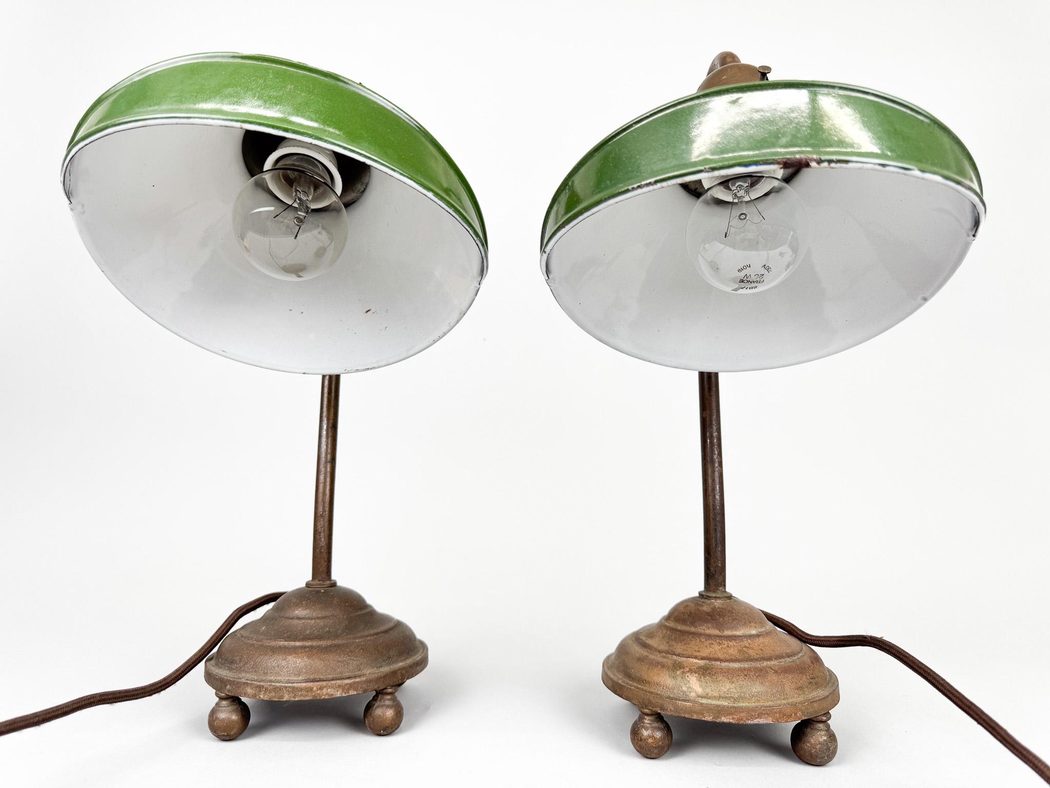 20th Century Pair of Unique 1920's Enamel & Cast Iron Desk Lamps, Czechoslovakia For Sale